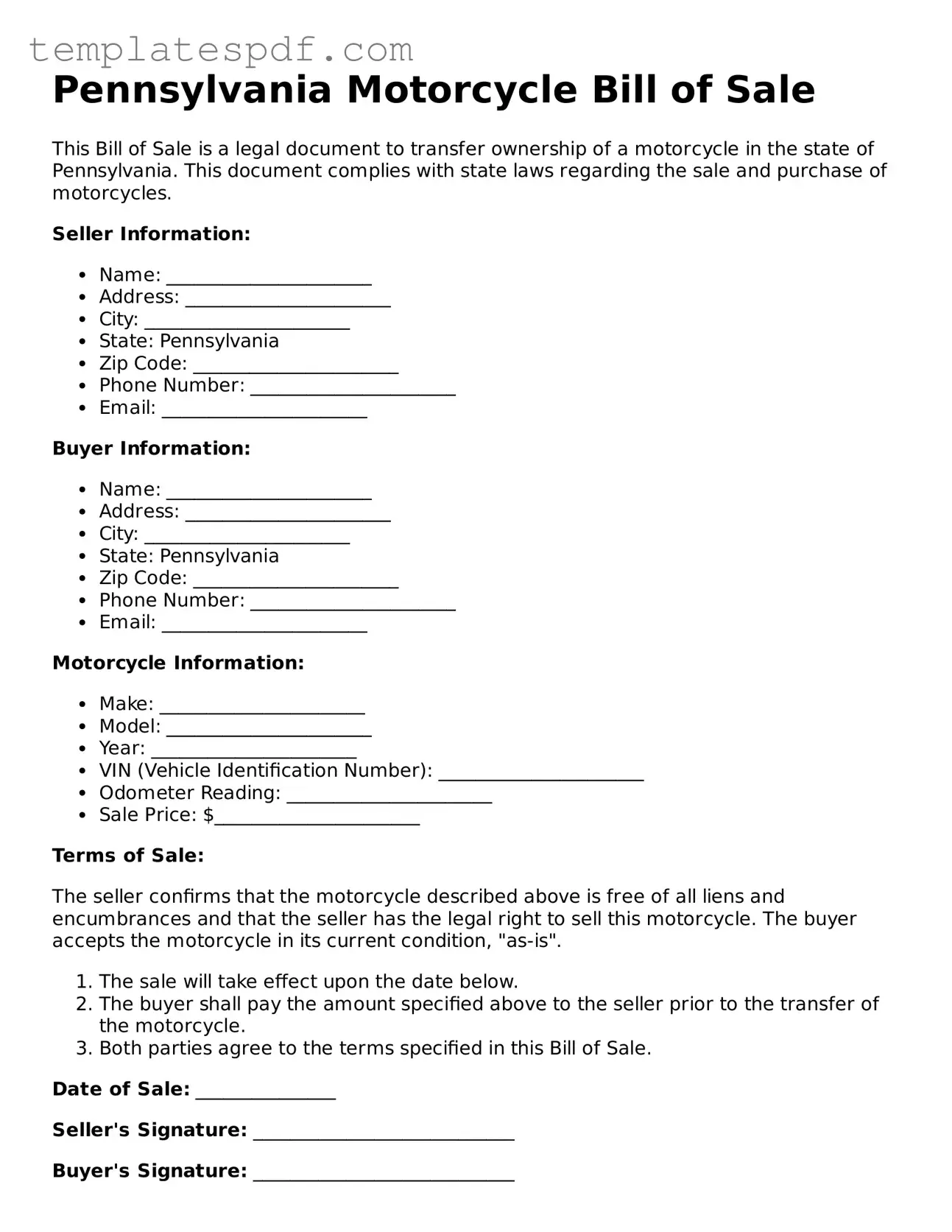 Official  Motorcycle Bill of Sale Form for Pennsylvania