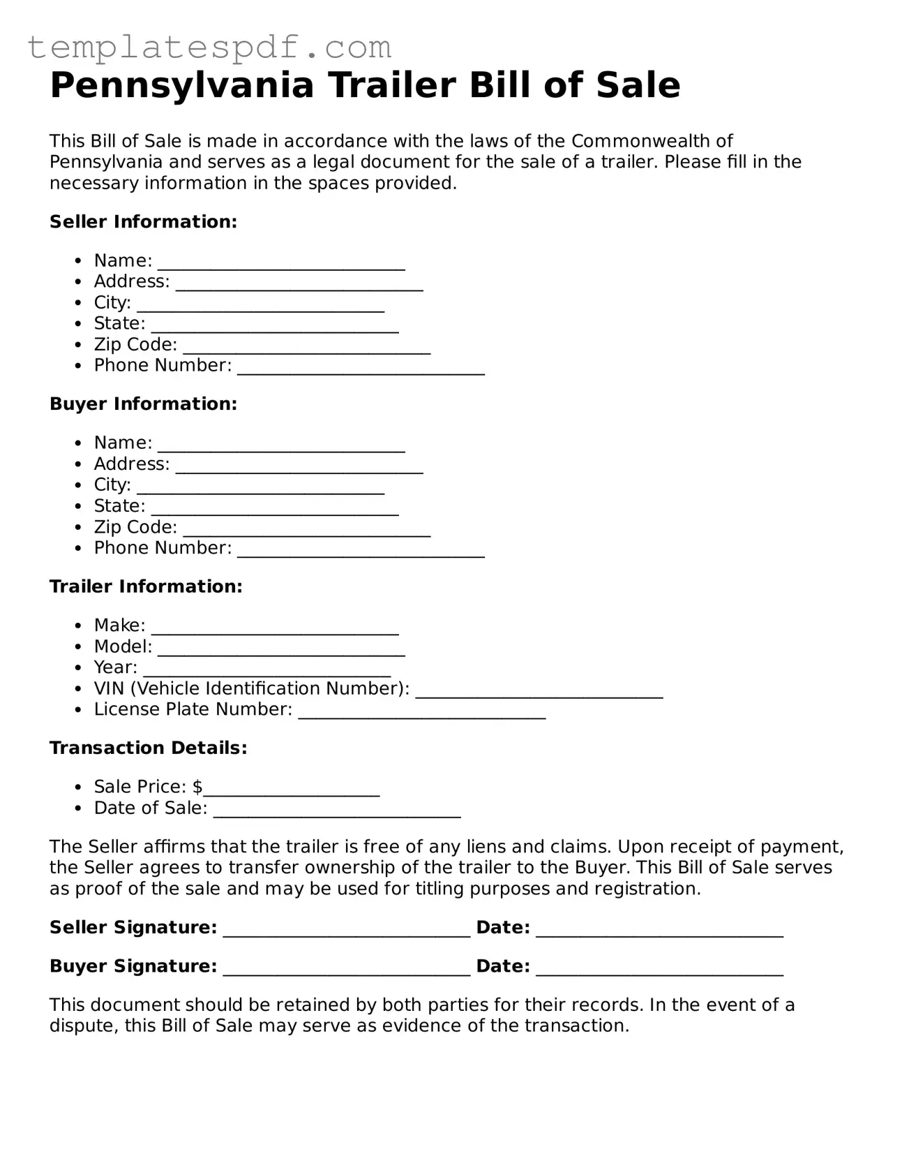 Official  Trailer Bill of Sale Form for Pennsylvania