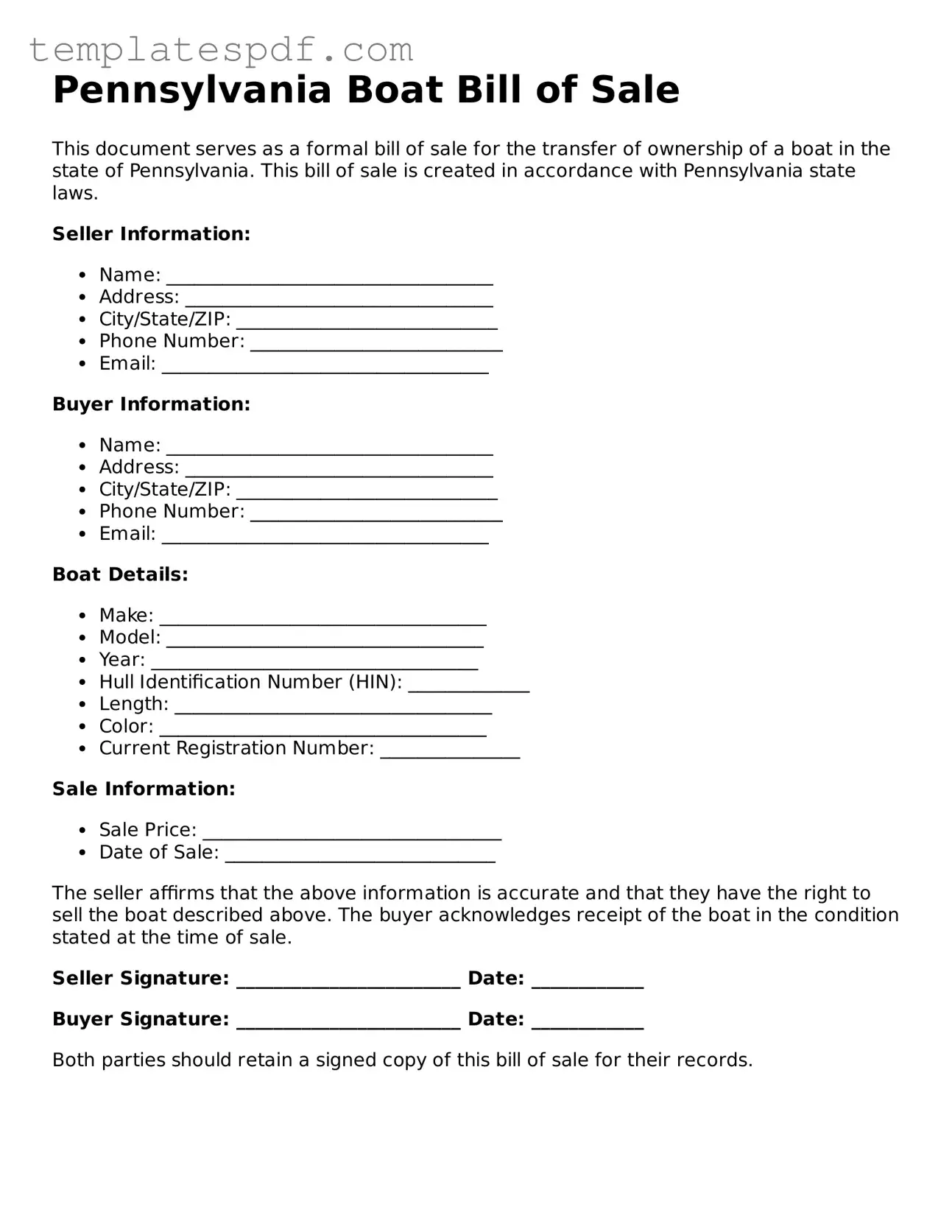 Official  Boat Bill of Sale Form for Pennsylvania