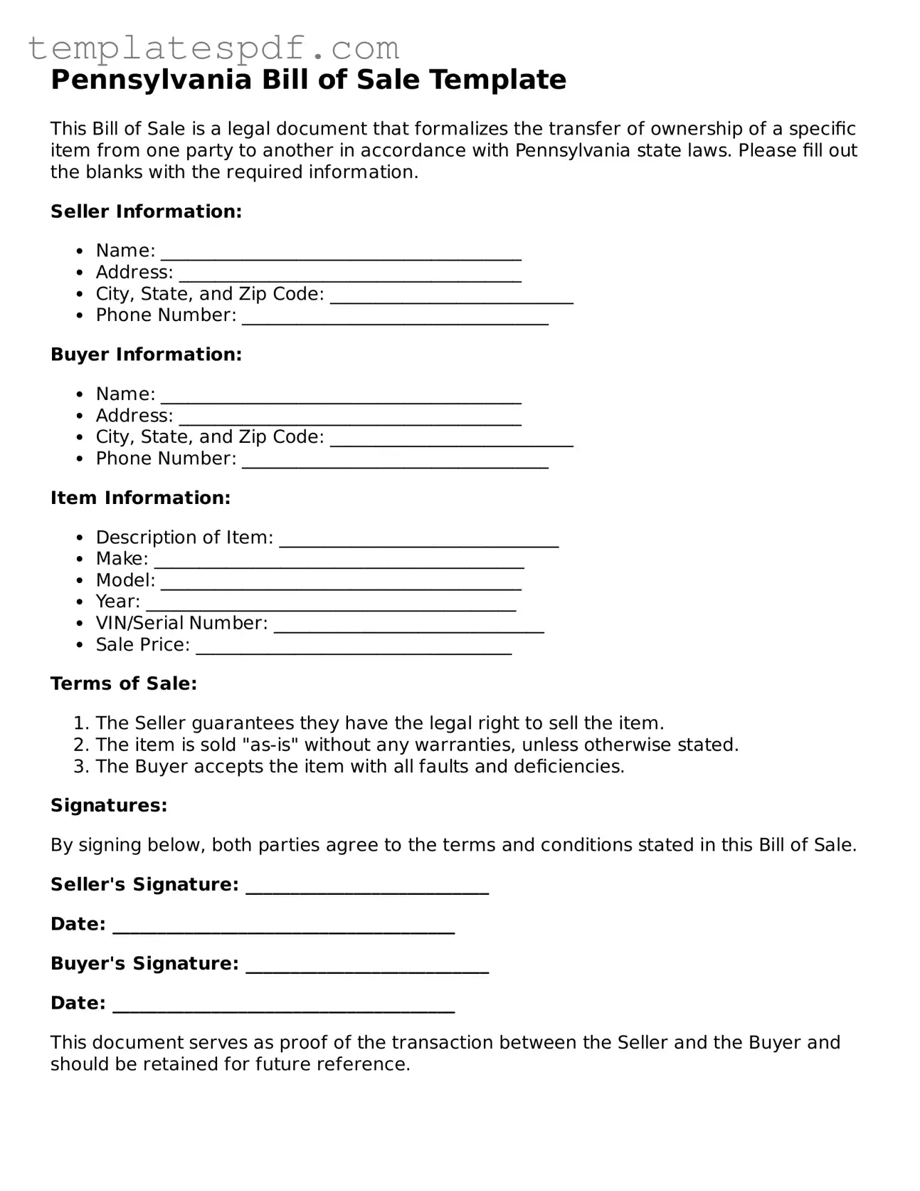Official  Bill of Sale Form for Pennsylvania