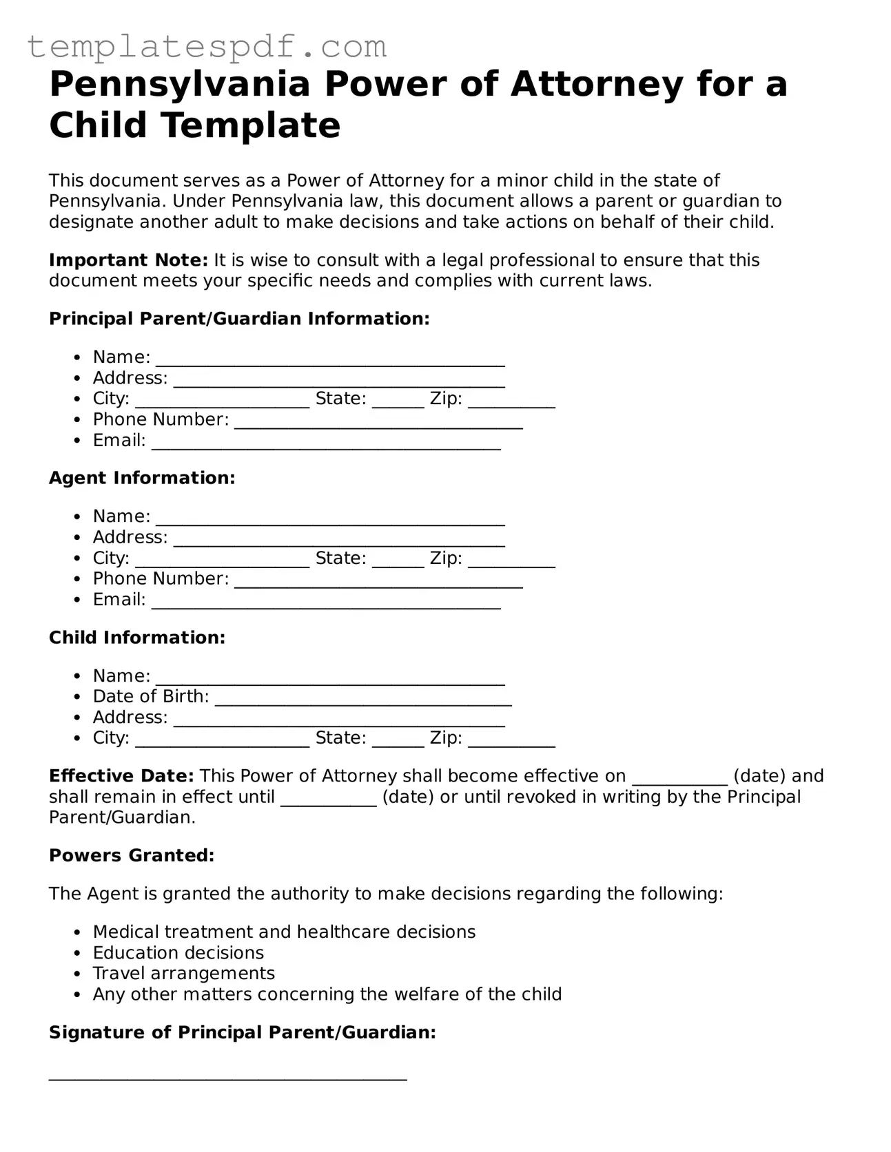 Official  Power of Attorney for a Child Form for Pennsylvania
