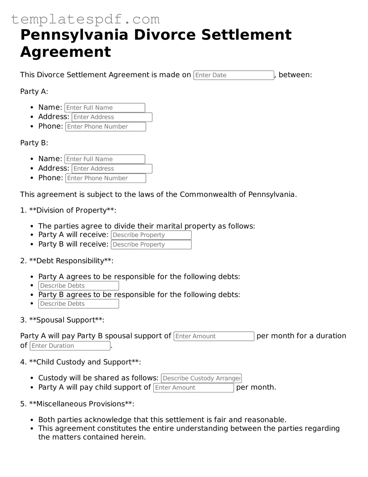 Official  Divorce Settlement Agreement Form for Pennsylvania