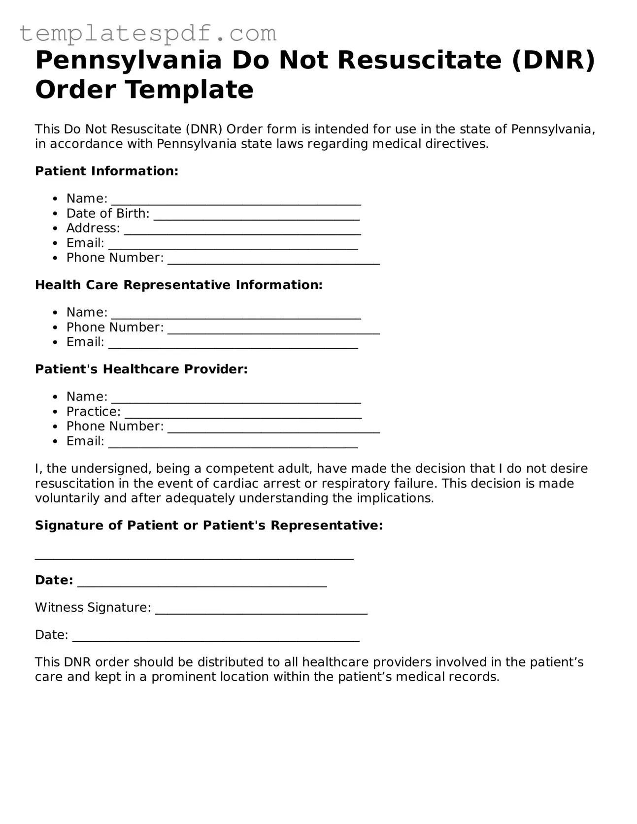 Official  Do Not Resuscitate Order Form for Pennsylvania