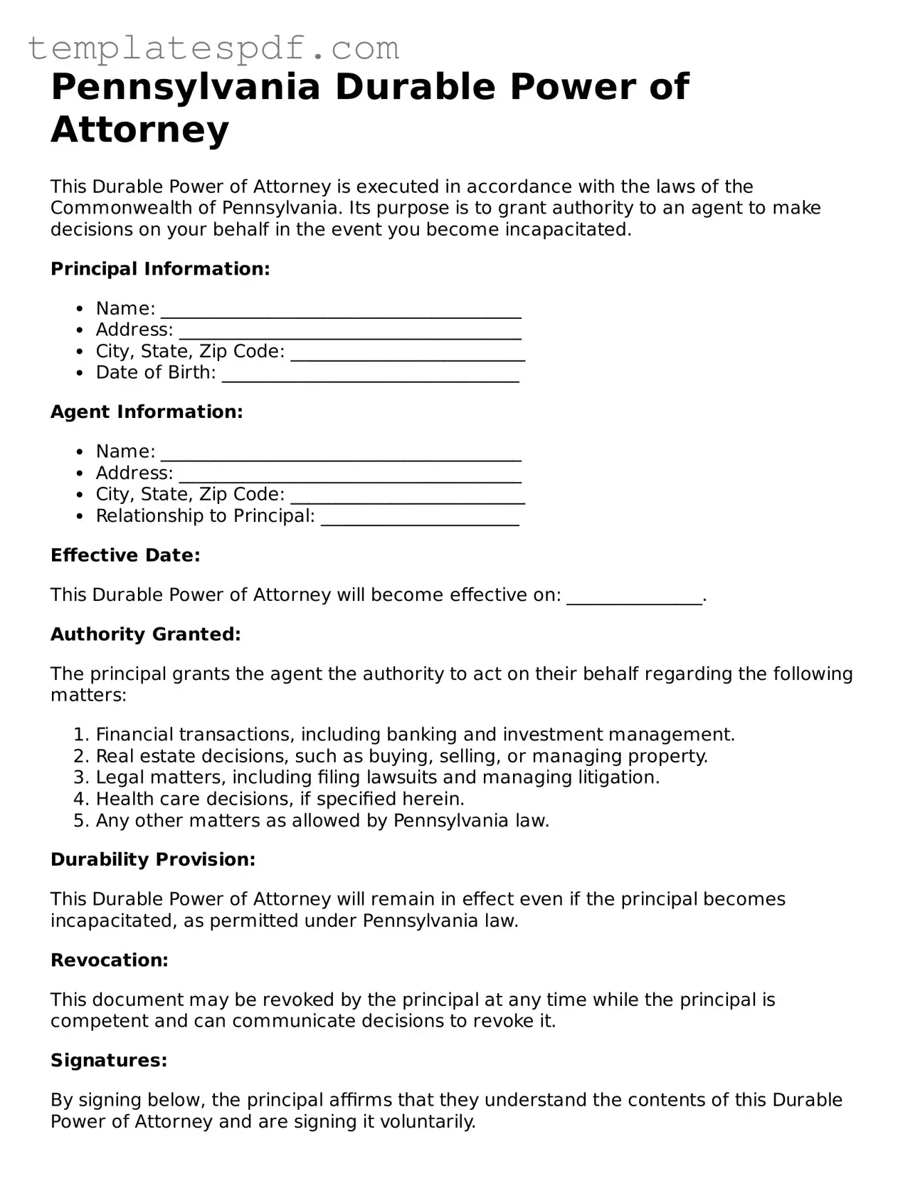 Official  Durable Power of Attorney Form for Pennsylvania