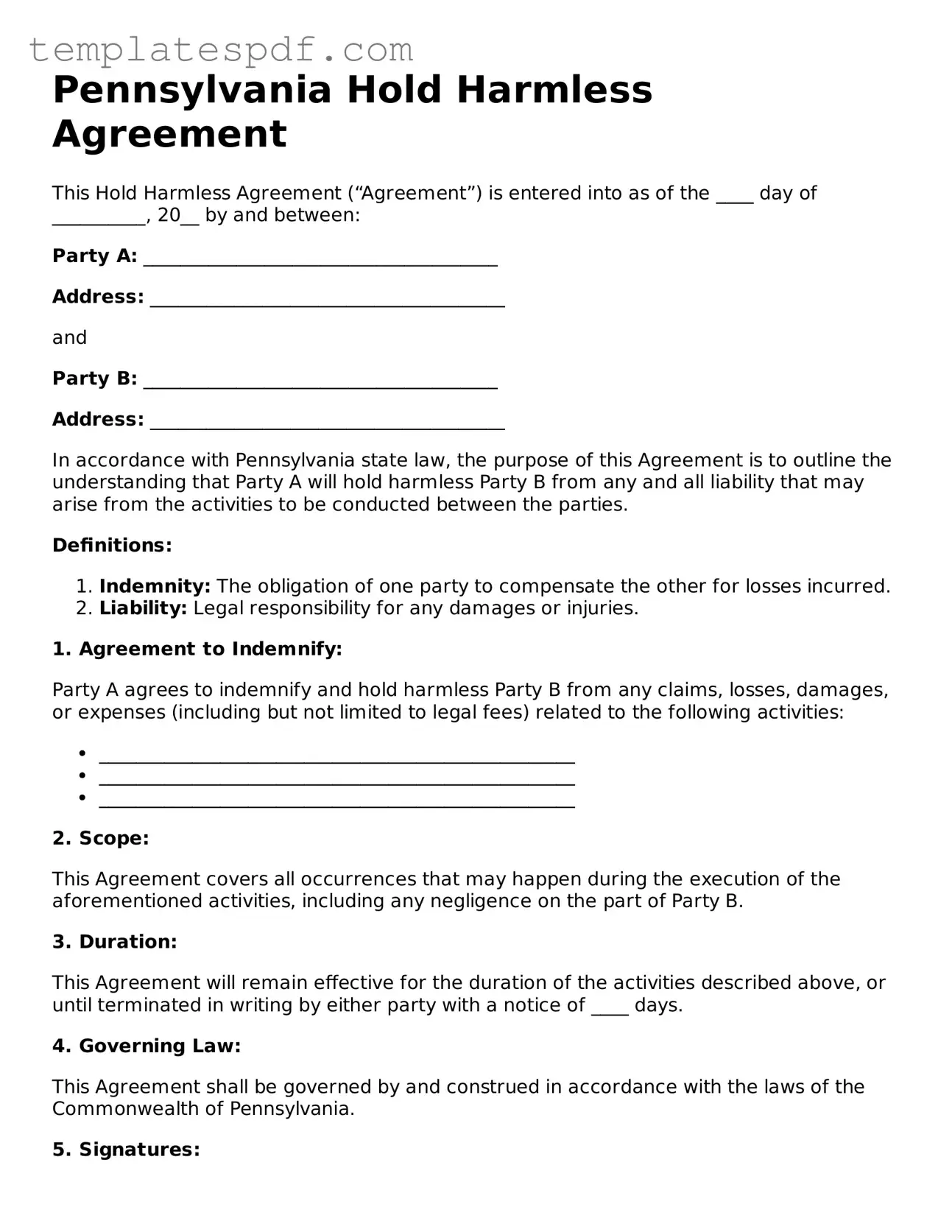 Official  Hold Harmless Agreement Form for Pennsylvania