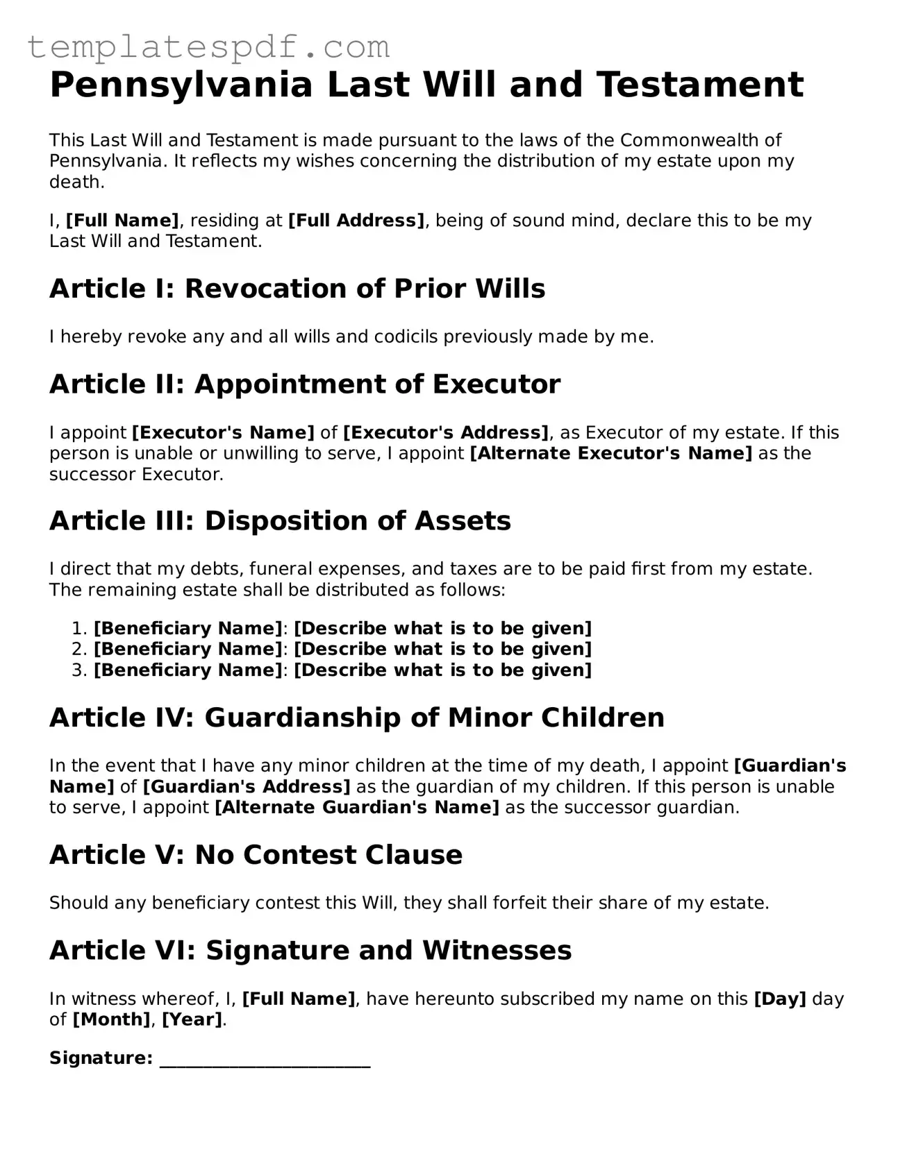 Official  Last Will and Testament Form for Pennsylvania