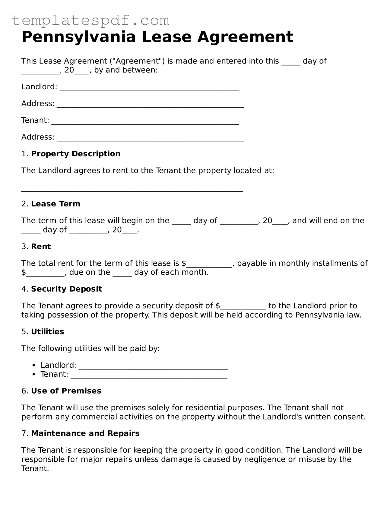 Official  Lease Agreement Form for Pennsylvania