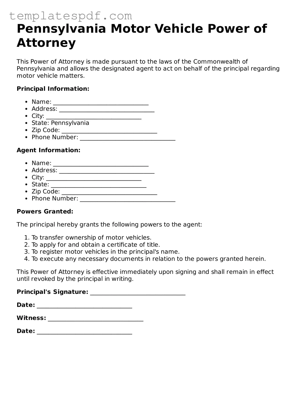Official  Motor Vehicle Power of Attorney Form for Pennsylvania