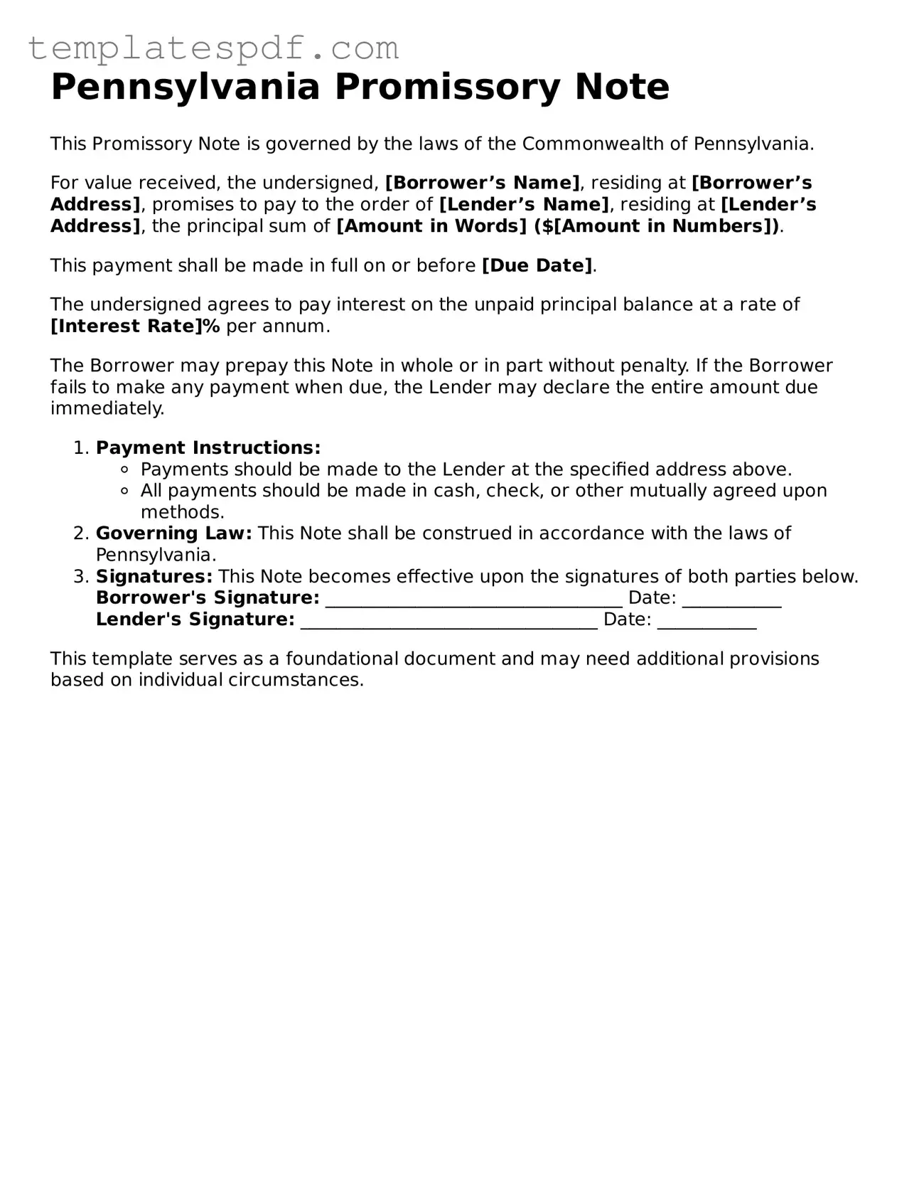 Official  Promissory Note Form for Pennsylvania