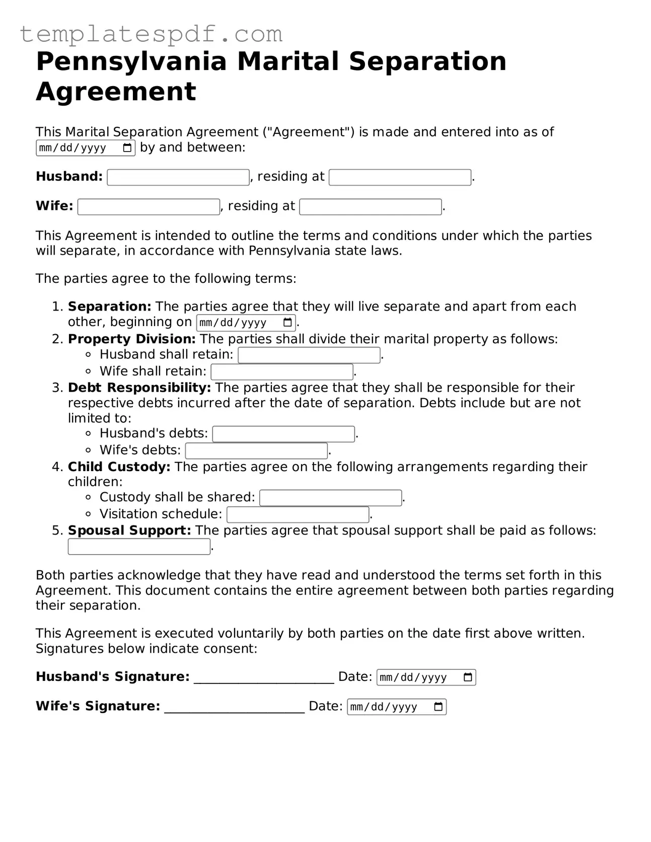 Official  Marital Separation Agreement Form for Pennsylvania