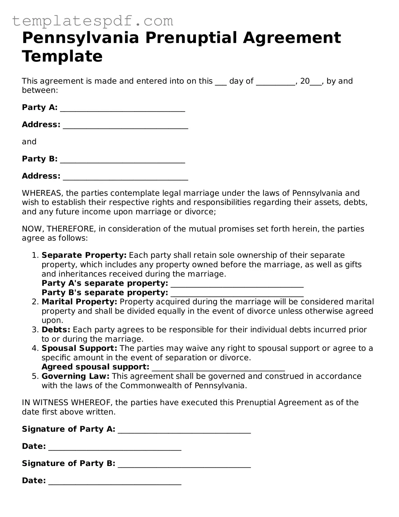 Official  Prenuptial Agreement Form for Pennsylvania