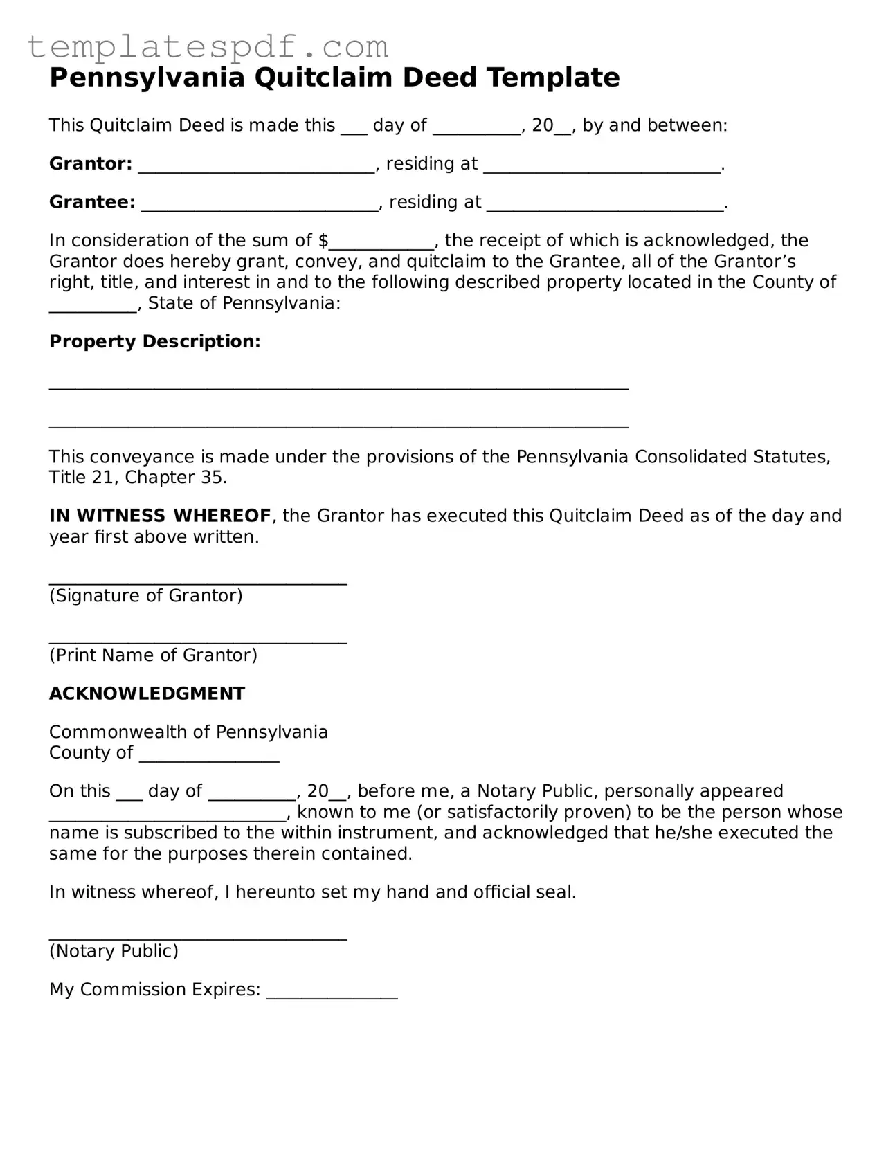 Official  Quitclaim Deed Form for Pennsylvania