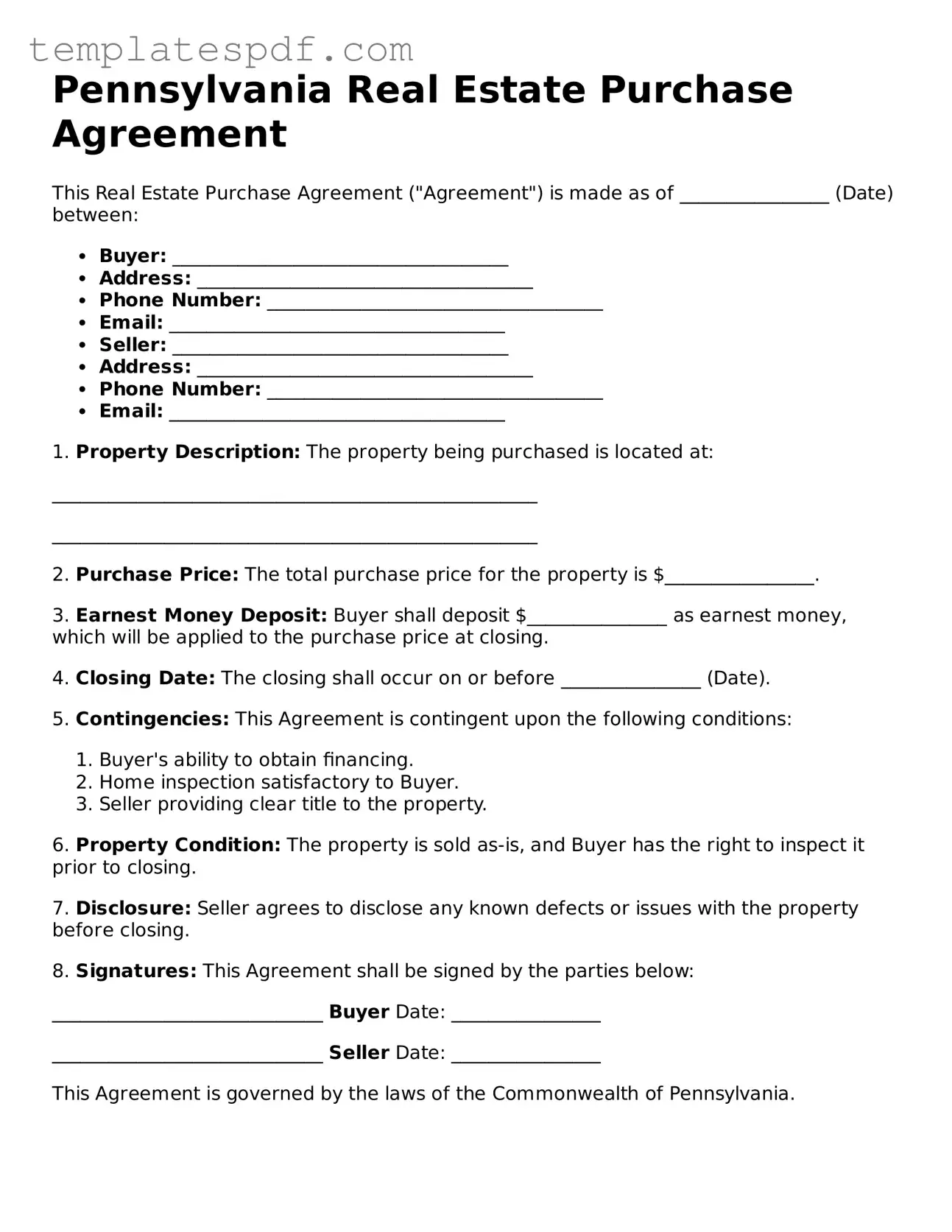 Official  Real Estate Purchase Agreement Form for Pennsylvania