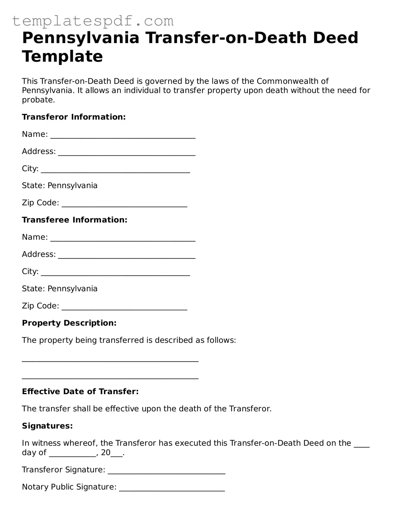 Official  Transfer-on-Death Deed Form for Pennsylvania