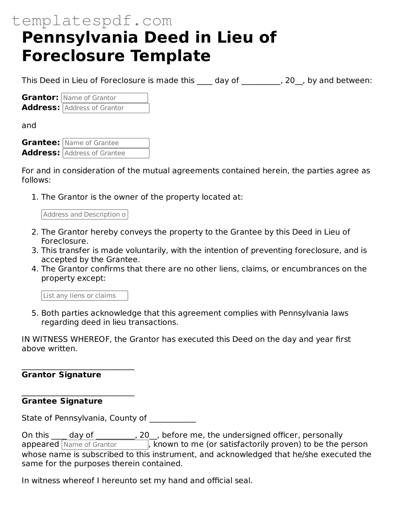 Official  Deed in Lieu of Foreclosure Form for Pennsylvania