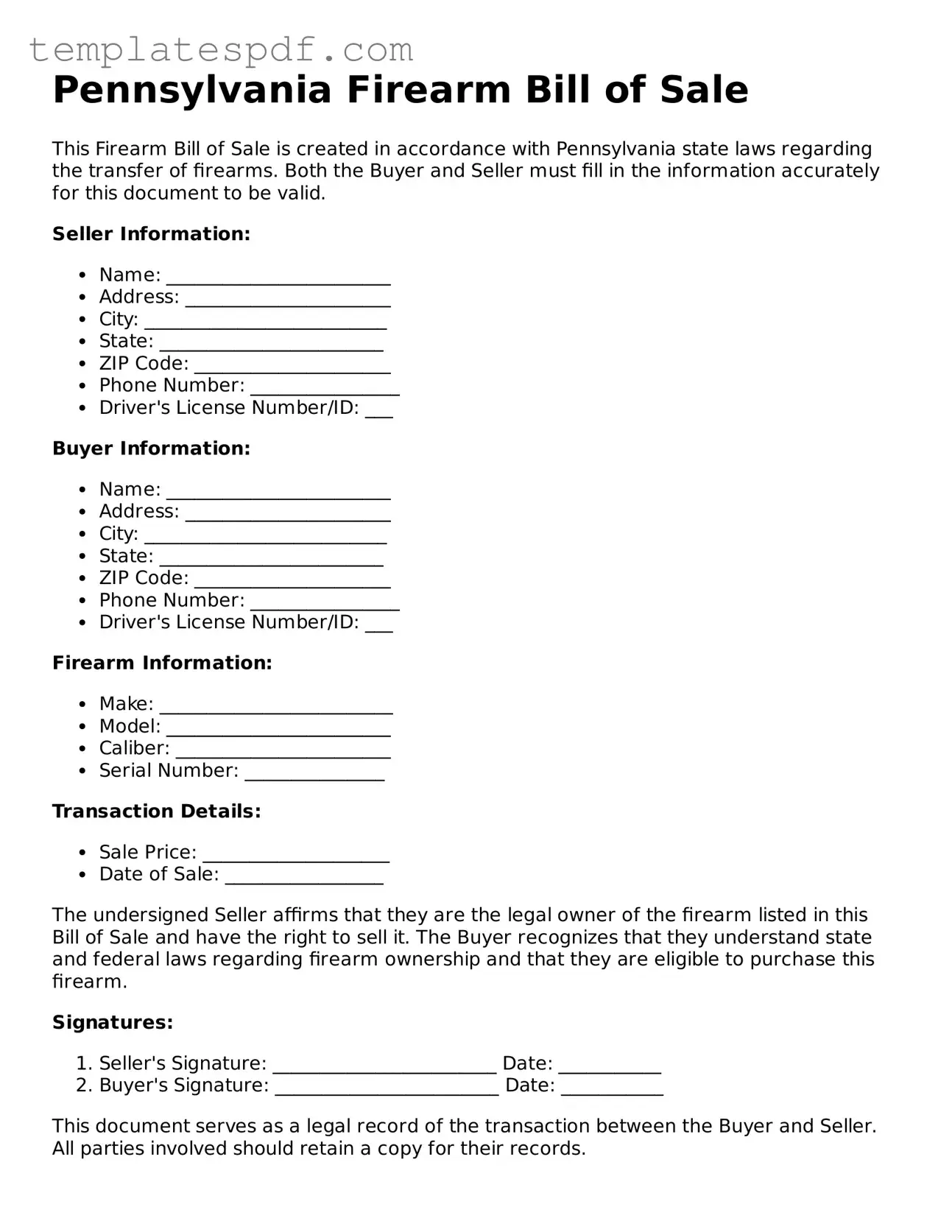 Official  Firearm Bill of Sale Form for Pennsylvania