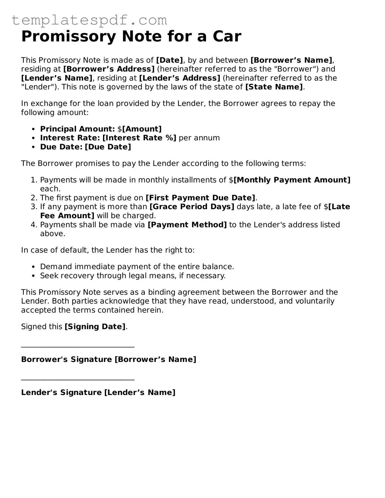 Printable Promissory Note for a Car Form