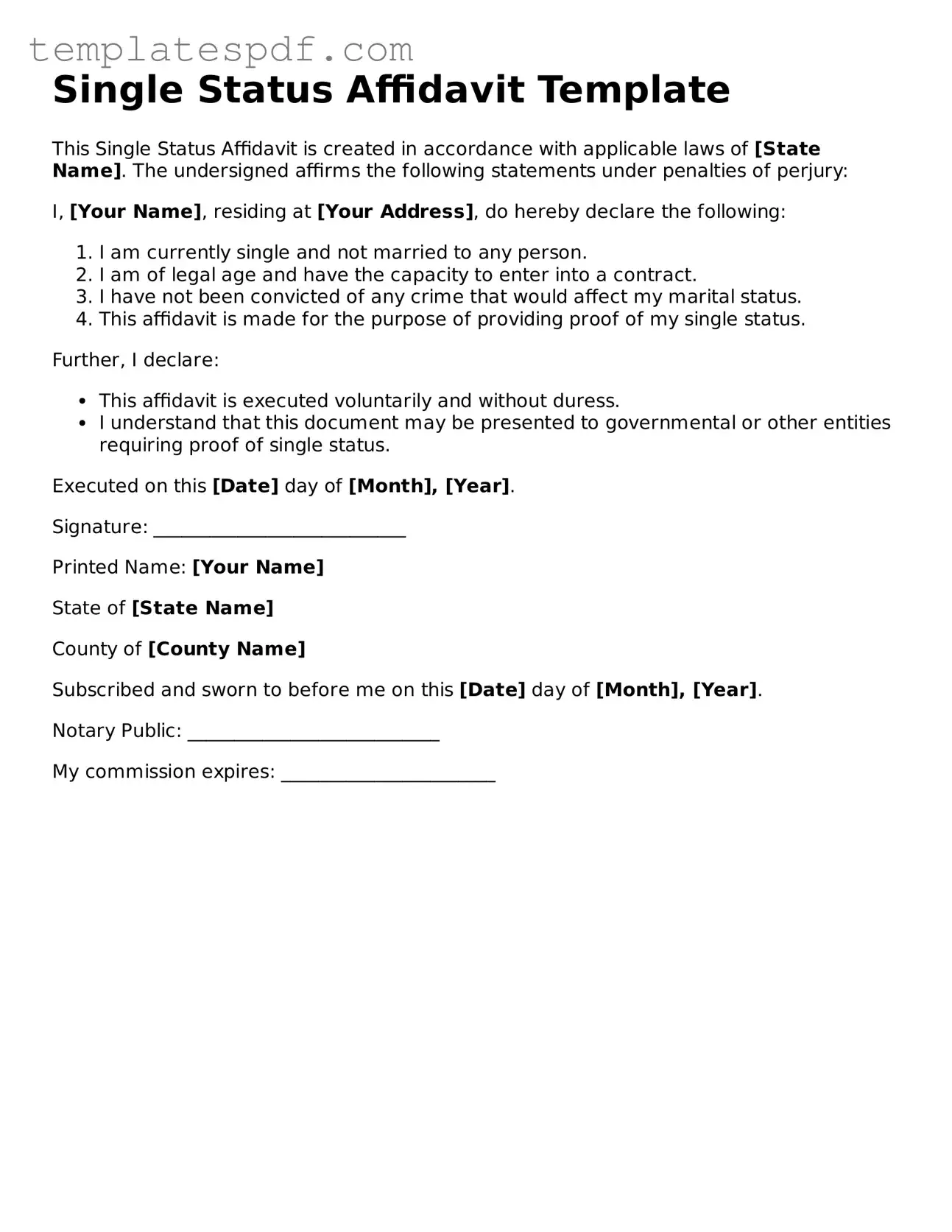 Printable Single Status Affidavit Form