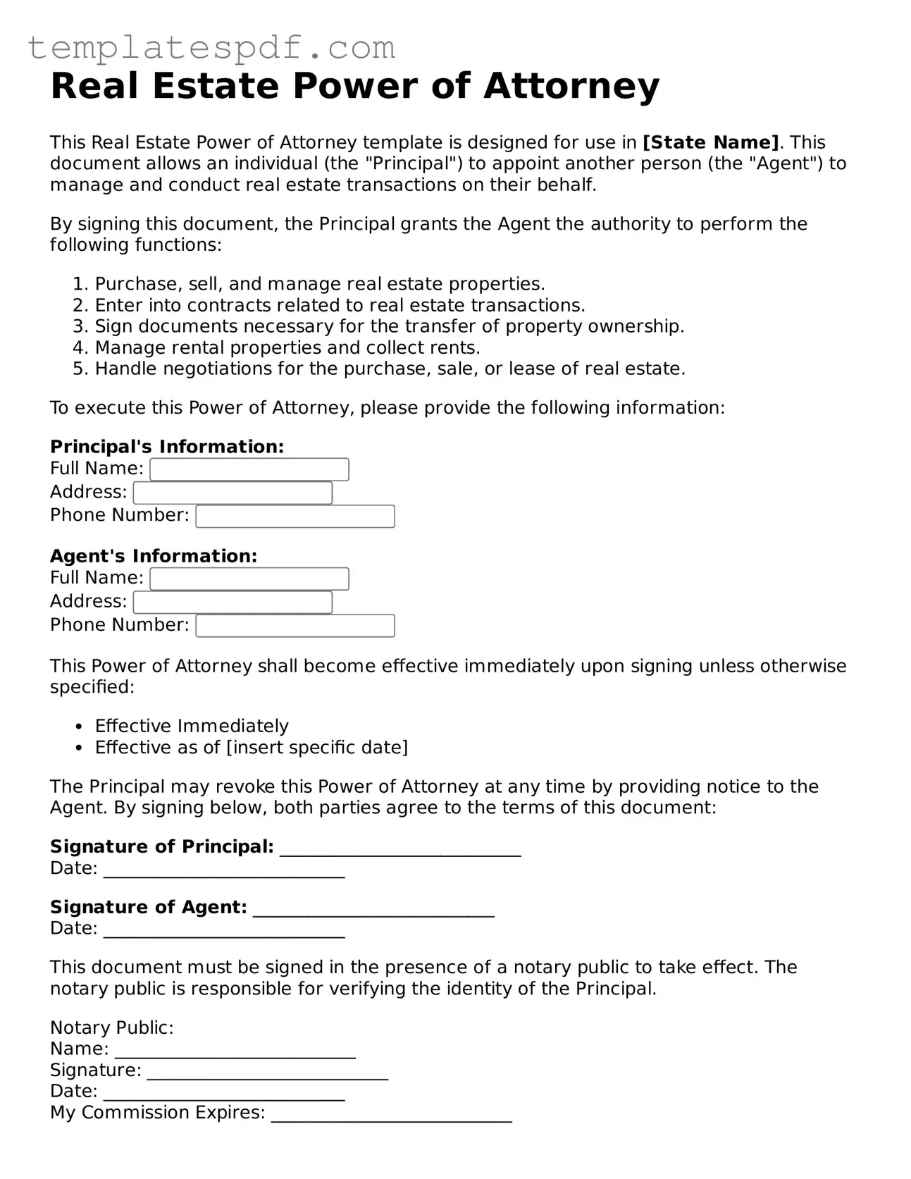 Printable Real Estate Power of Attorney Form