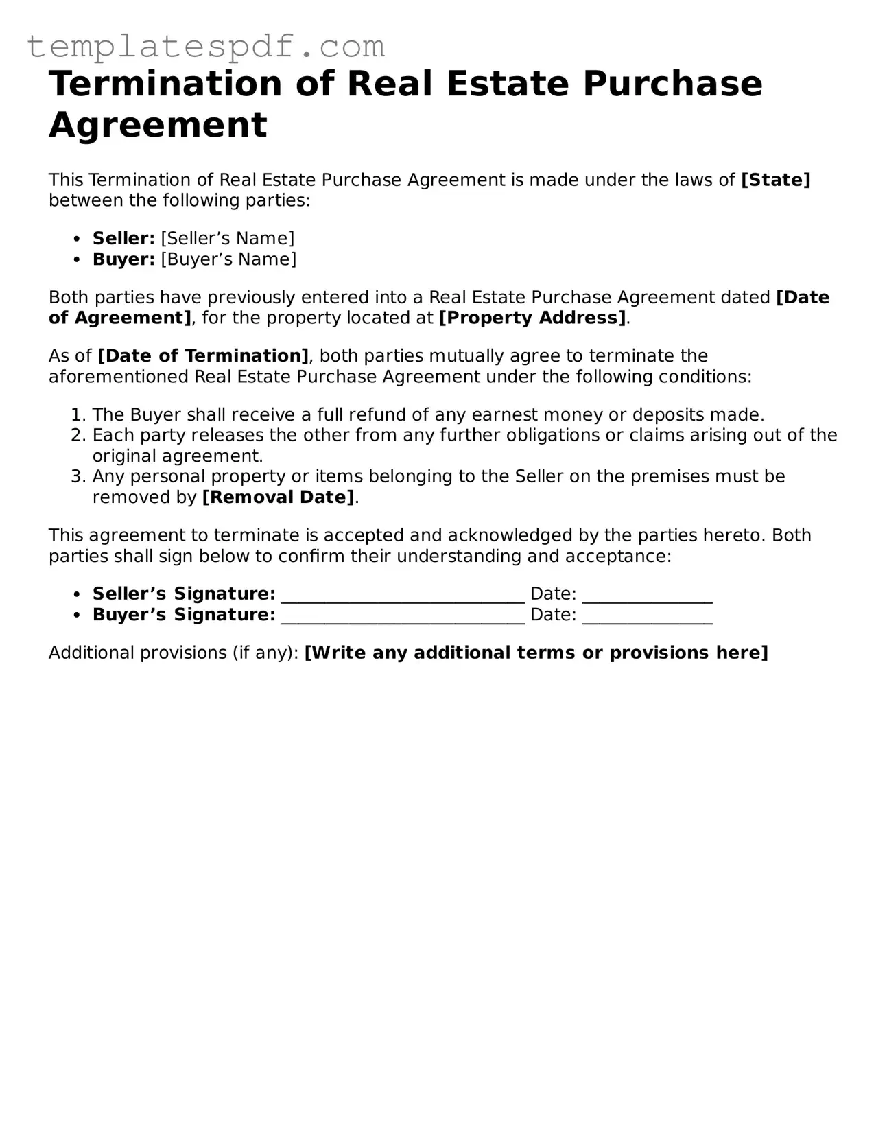 Printable Termination of Real Estate Purchase Agreement Form