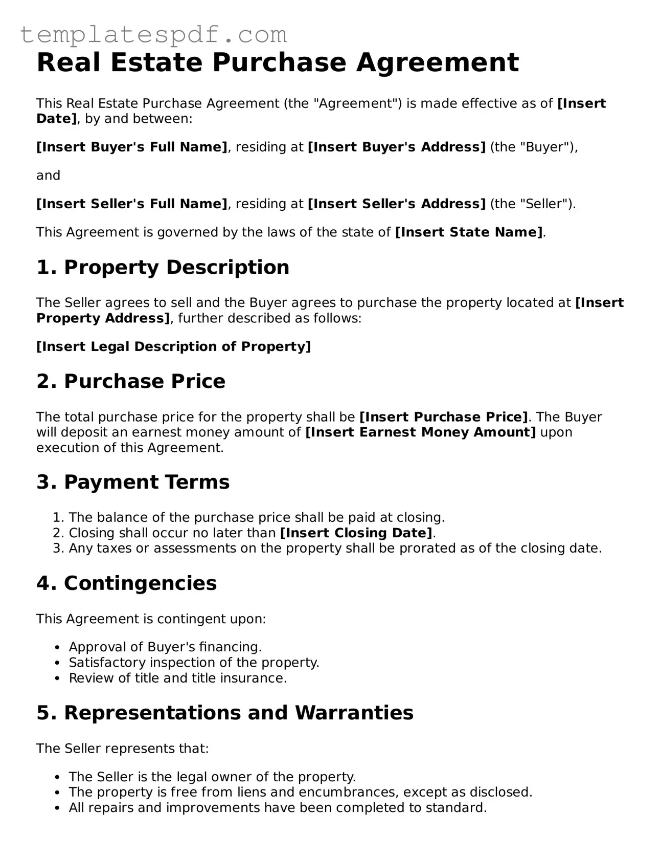 Printable Real Estate Purchase Agreement Form