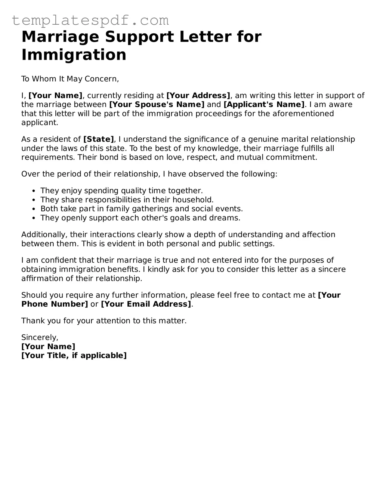 Printable Marriage Support Letter for Immigration Form