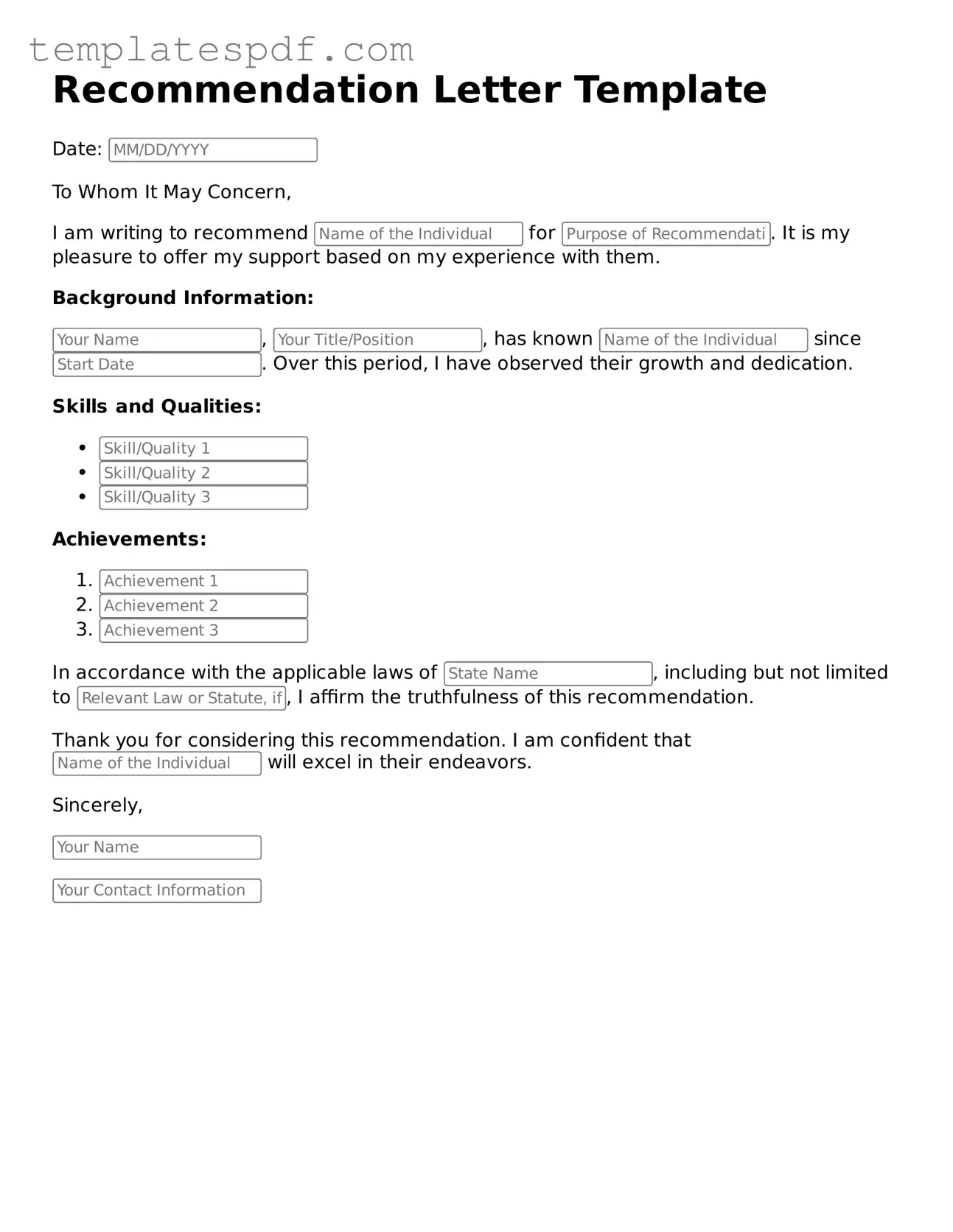 Printable Recommendation Letter Form