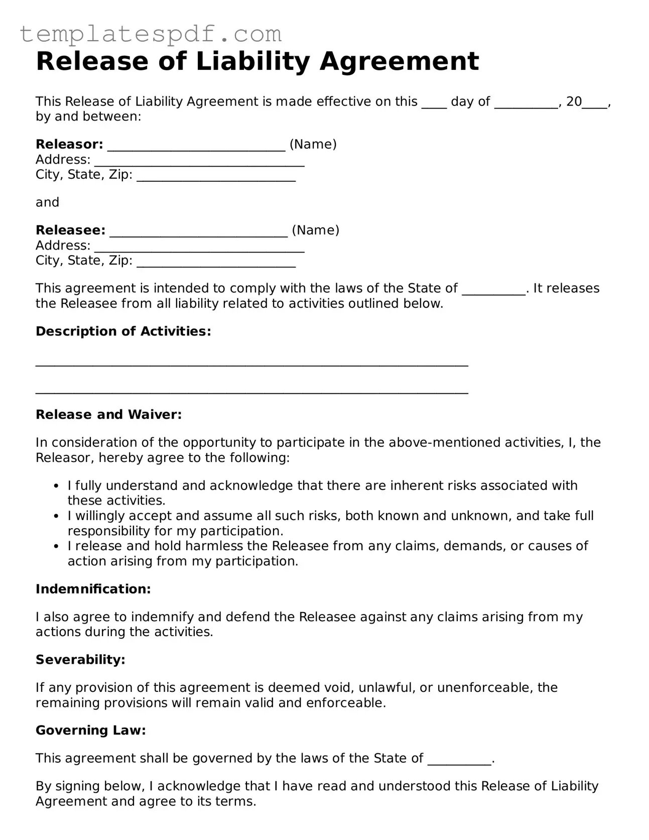 Printable Release of Liability Form