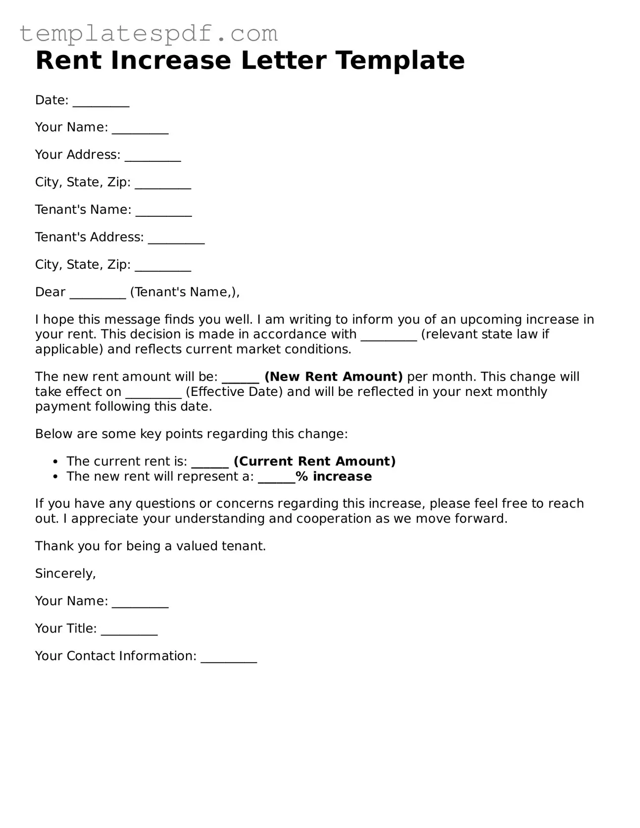 Printable Rent Increase Letter Form