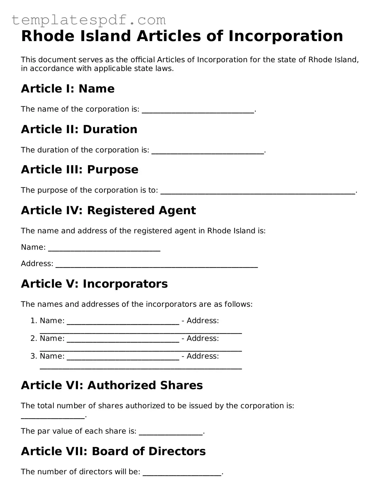 Official  Articles of Incorporation Form for Rhode Island