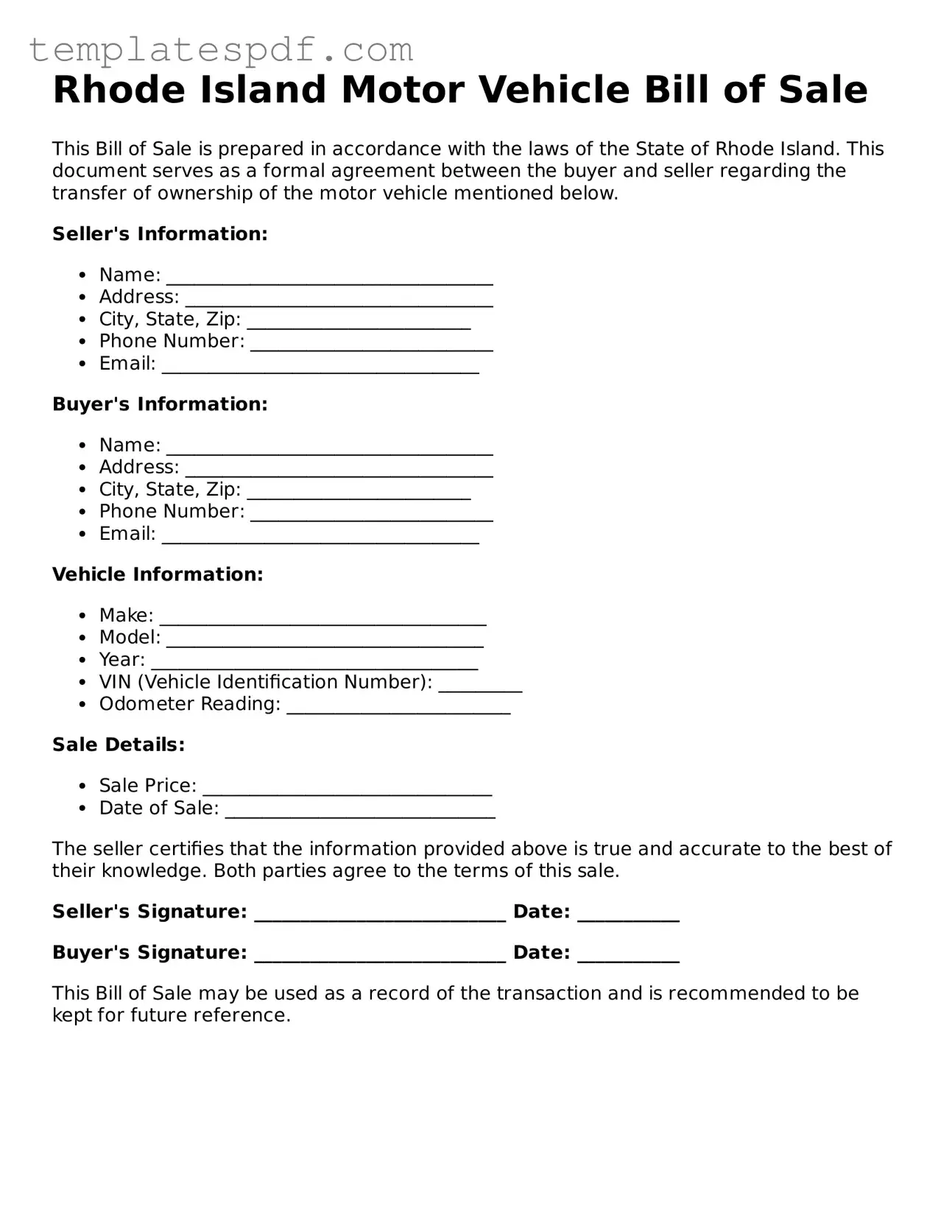 Official  Motor Vehicle Bill of Sale Form for Rhode Island