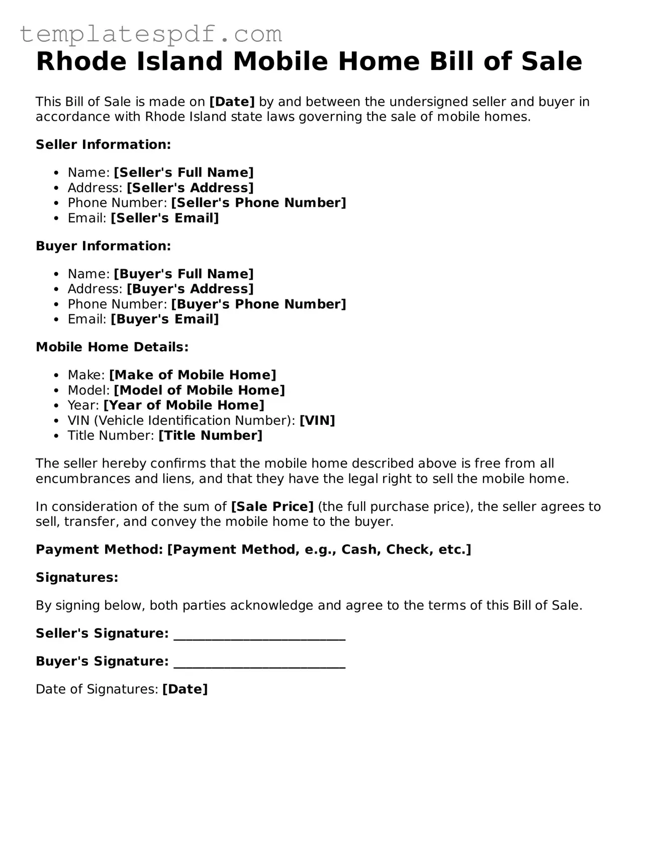 Official  Mobile Home Bill of Sale Form for Rhode Island
