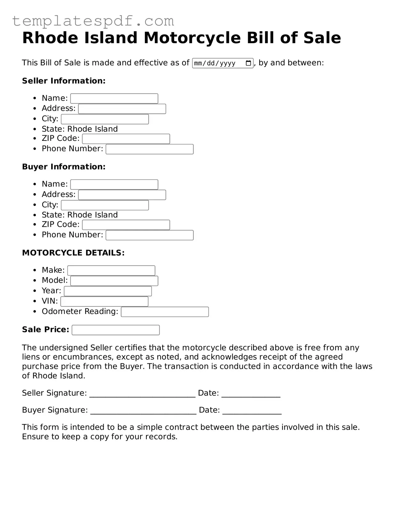 Official  Motorcycle Bill of Sale Form for Rhode Island