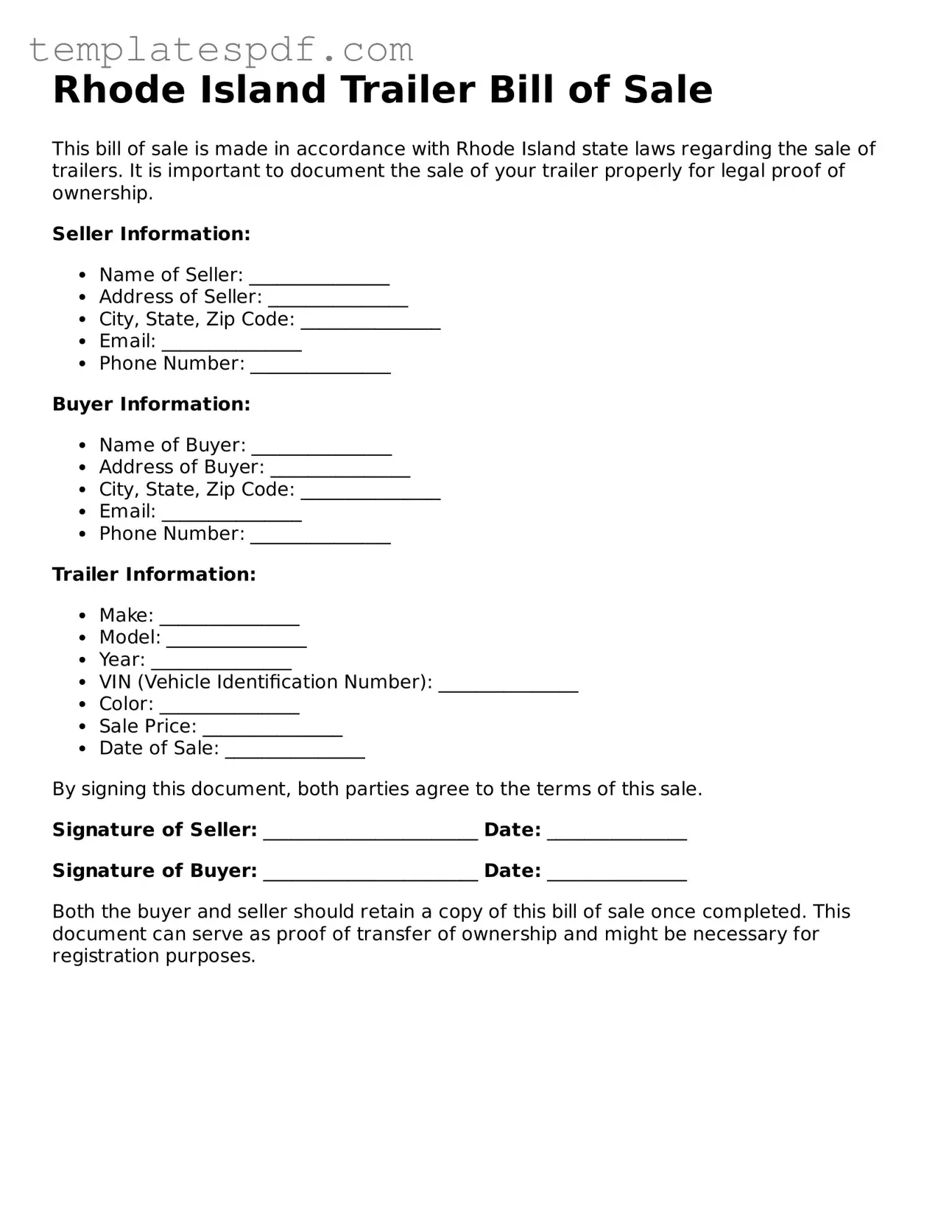 Official  Trailer Bill of Sale Form for Rhode Island