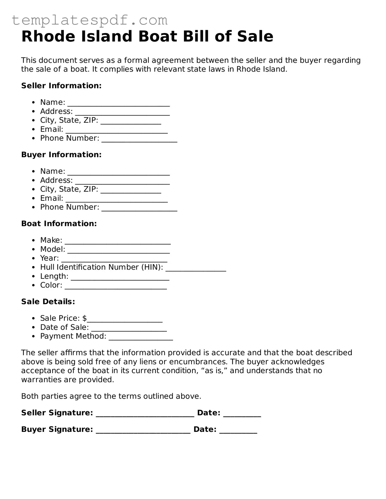 Official  Boat Bill of Sale Form for Rhode Island