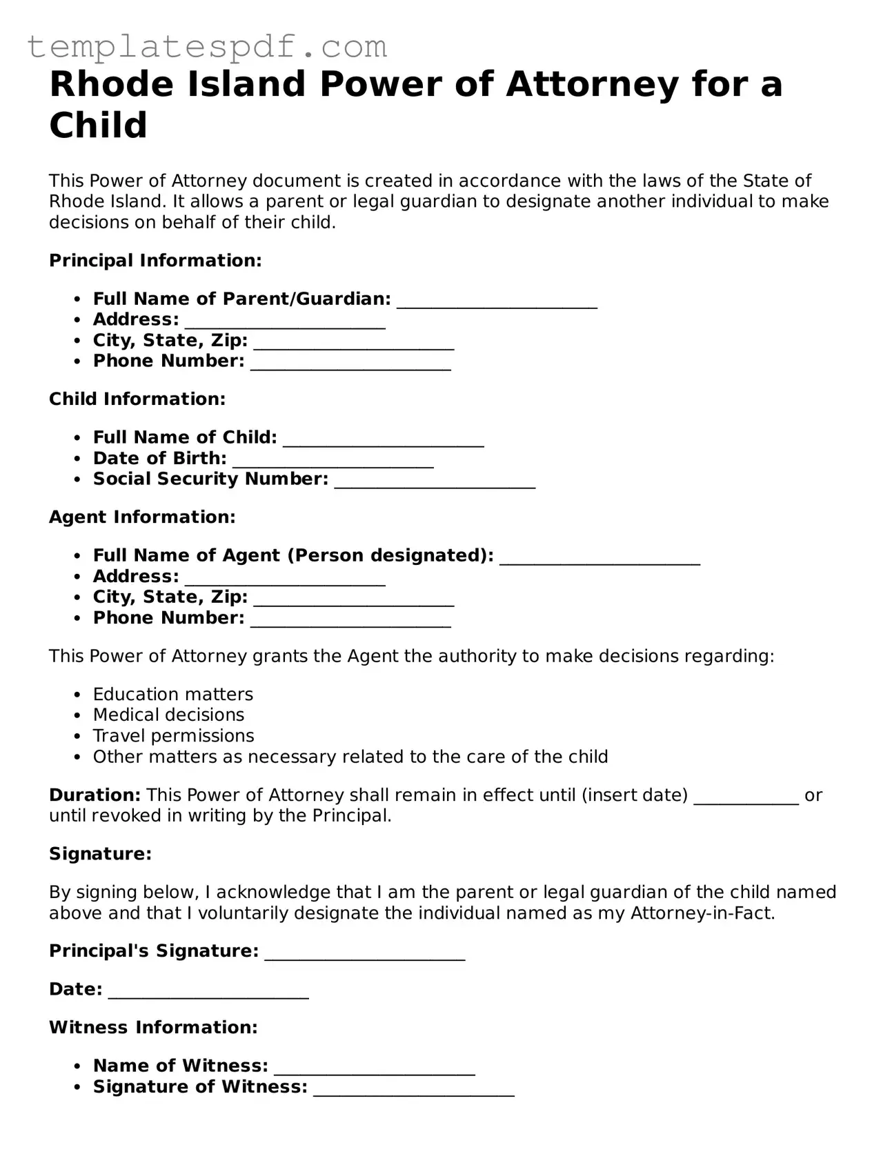 Official  Power of Attorney for a Child Form for Rhode Island