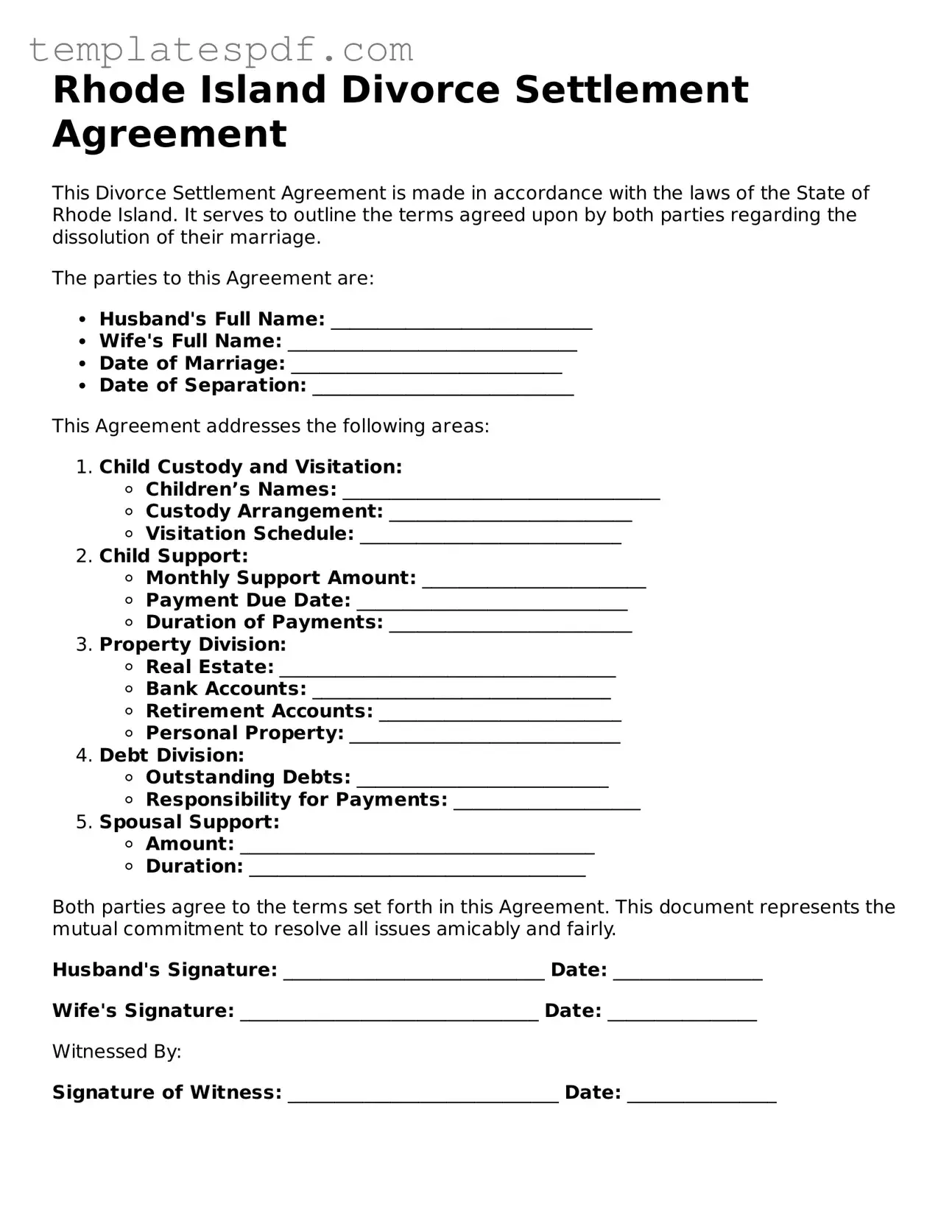 Official  Divorce Settlement Agreement Form for Rhode Island