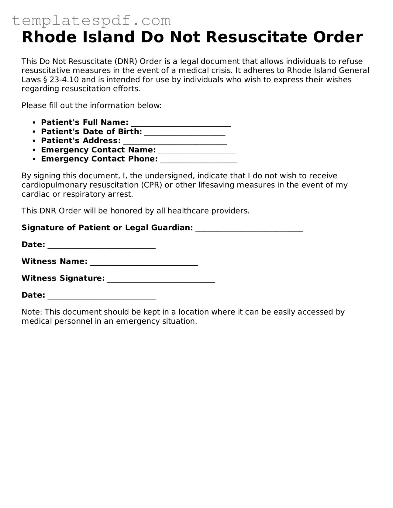 Official  Do Not Resuscitate Order Form for Rhode Island