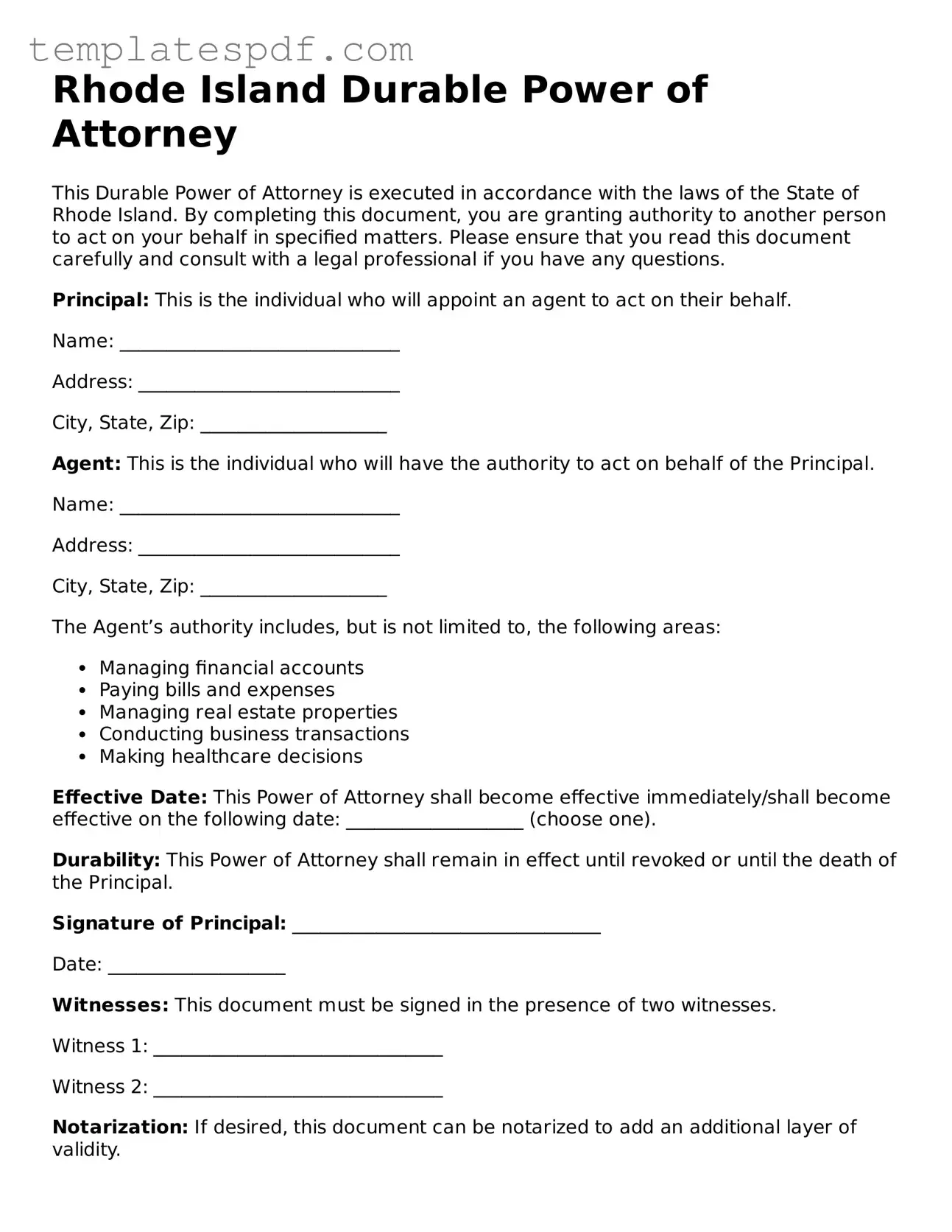 Official  Durable Power of Attorney Form for Rhode Island