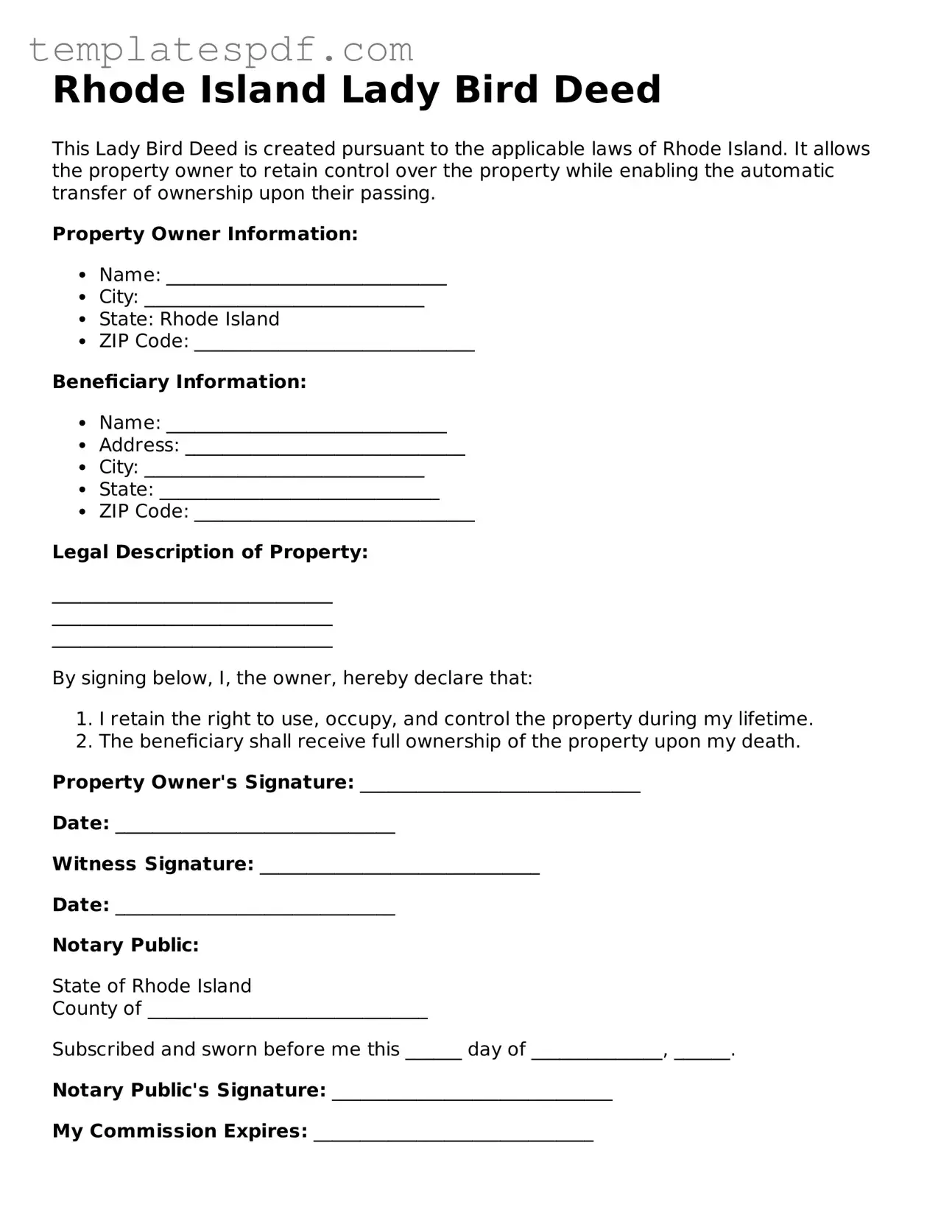 Official  Lady Bird Deed Form for Rhode Island