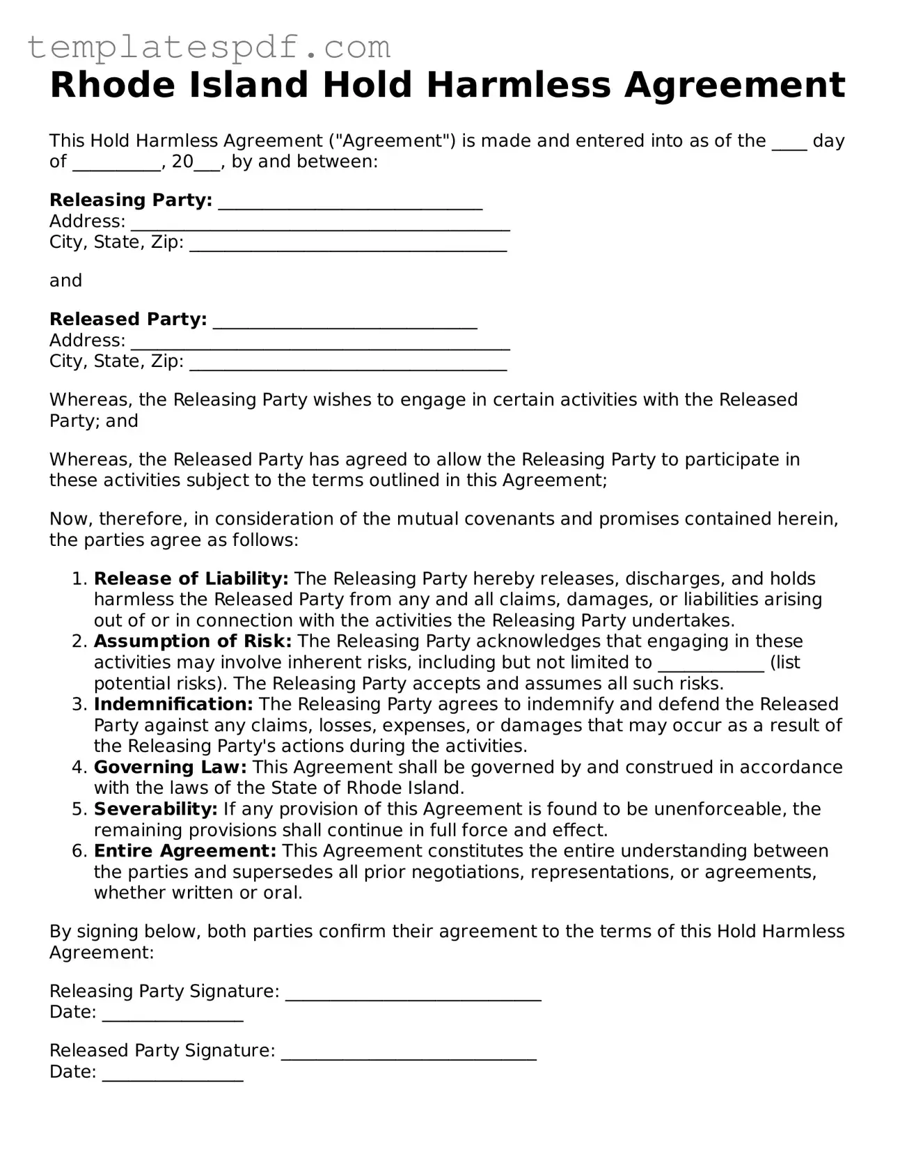 Official  Hold Harmless Agreement Form for Rhode Island