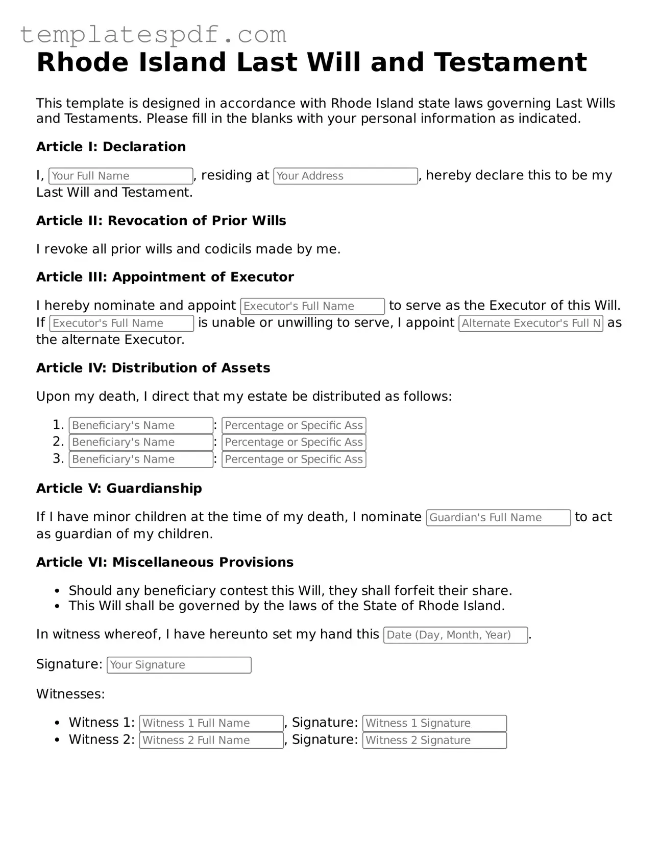 Official  Last Will and Testament Form for Rhode Island