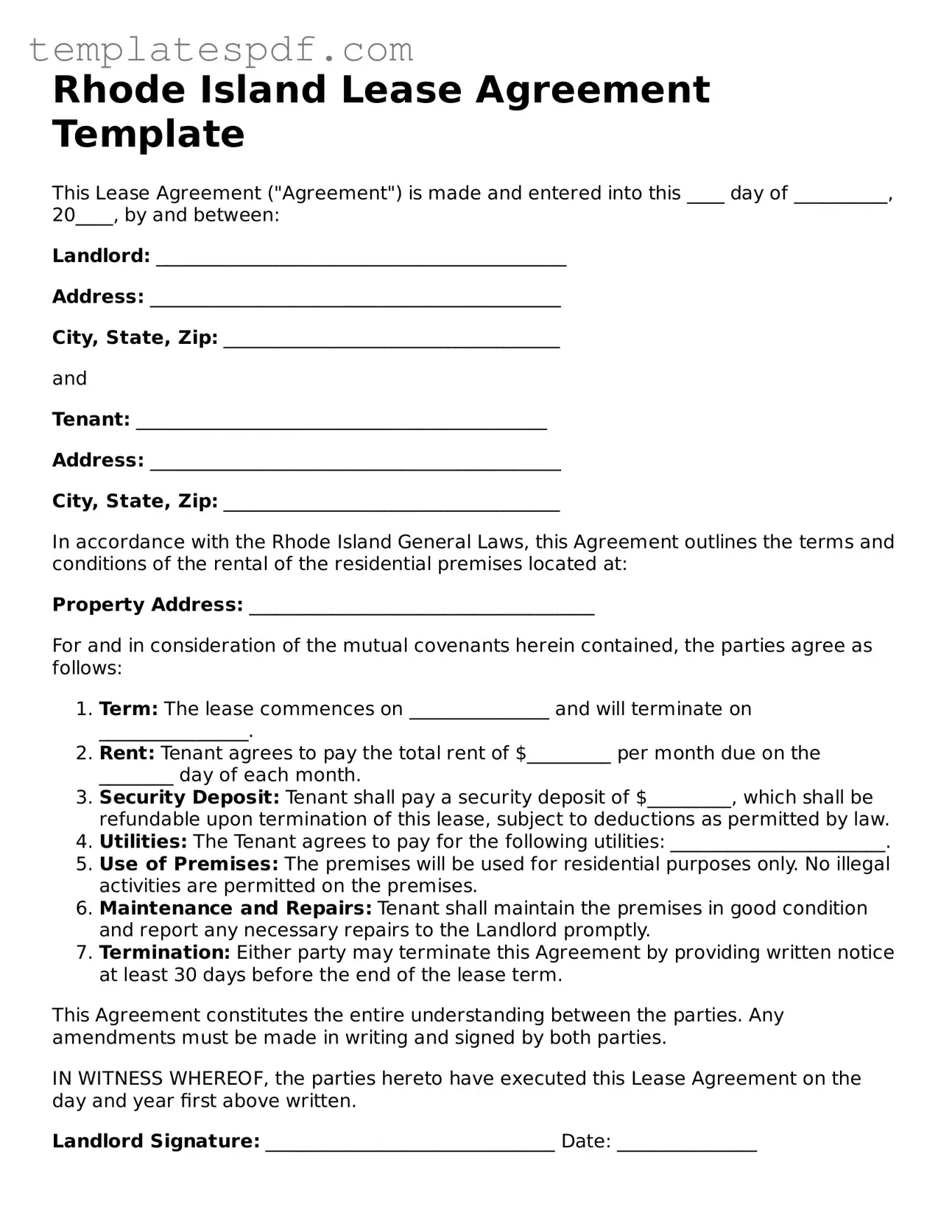 Official  Lease Agreement Form for Rhode Island