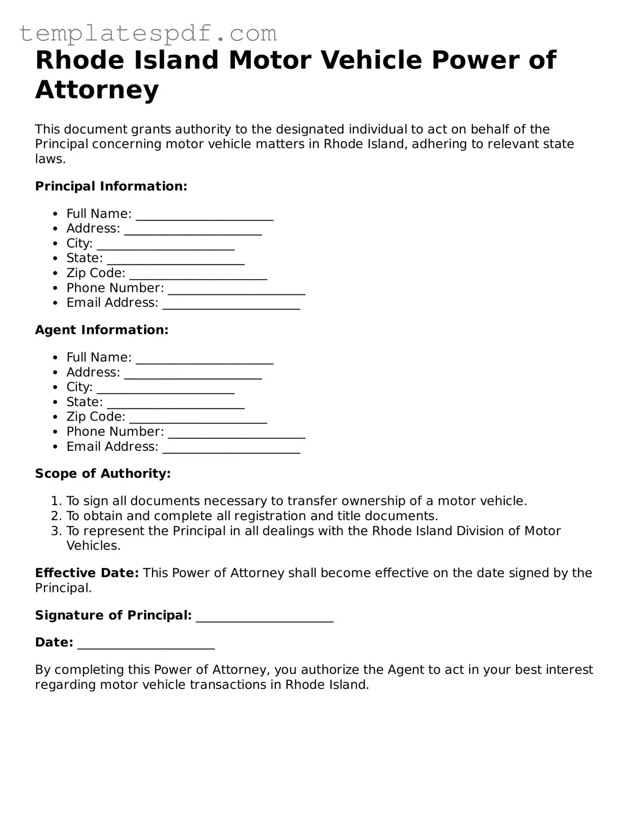 Official  Motor Vehicle Power of Attorney Form for Rhode Island