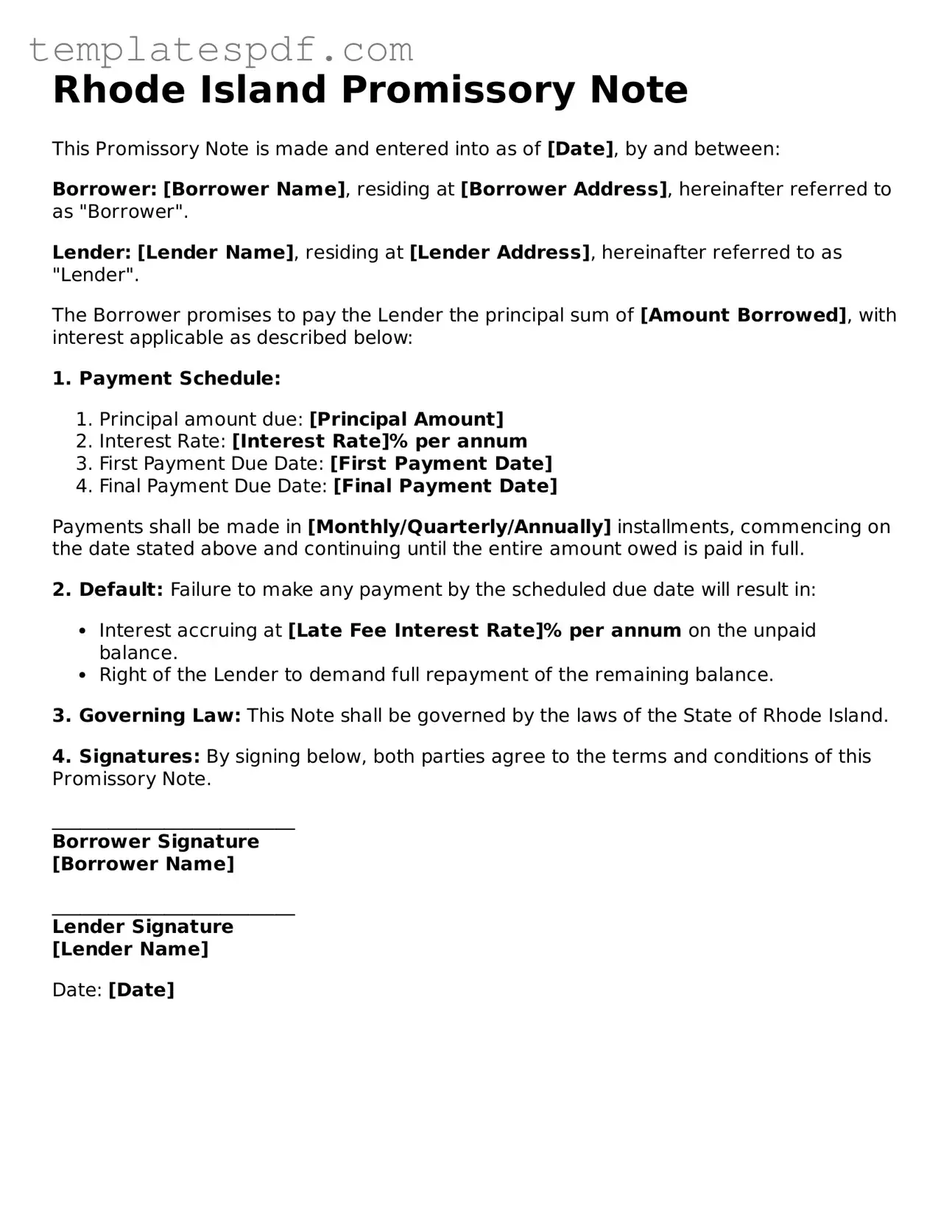 Official  Promissory Note Form for Rhode Island