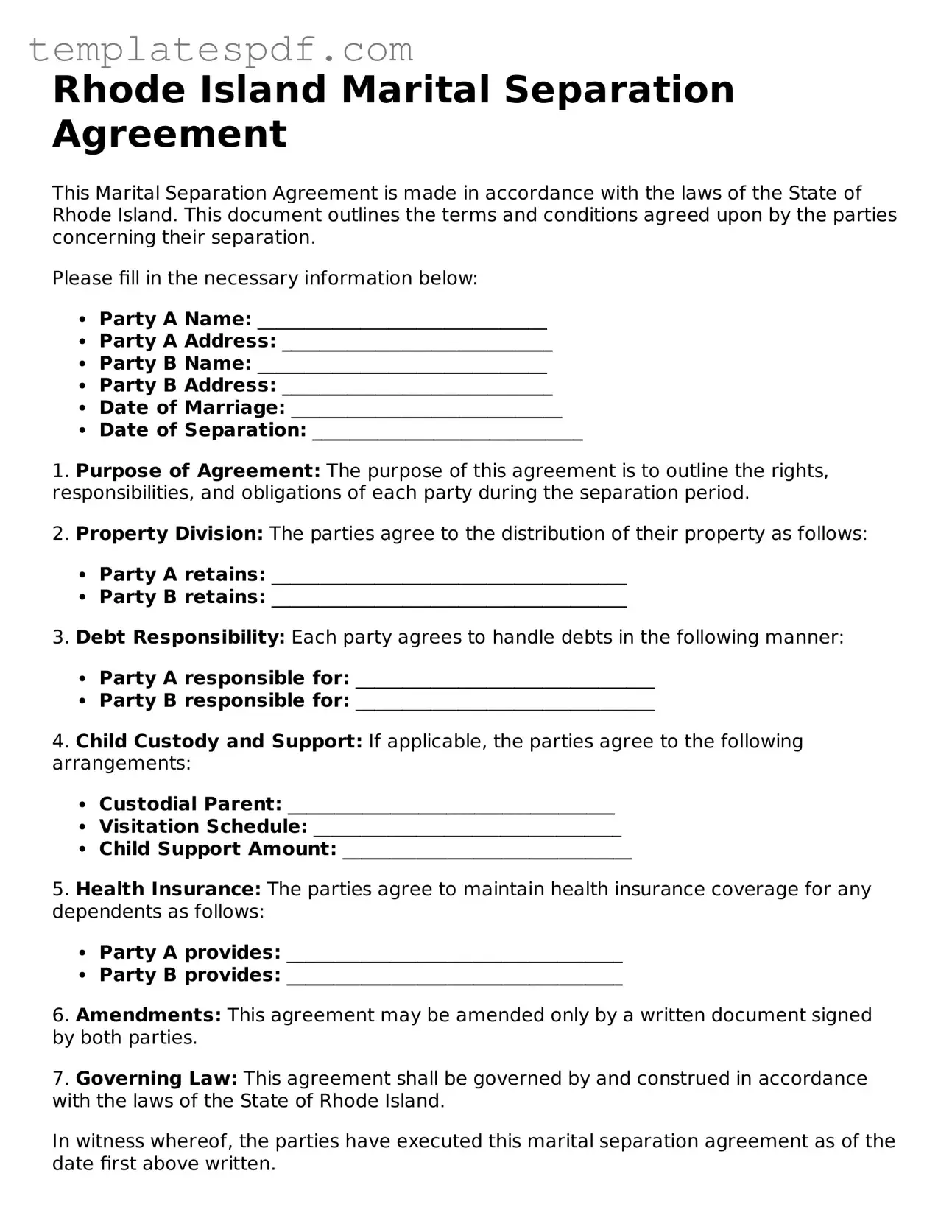 Official  Marital Separation Agreement Form for Rhode Island