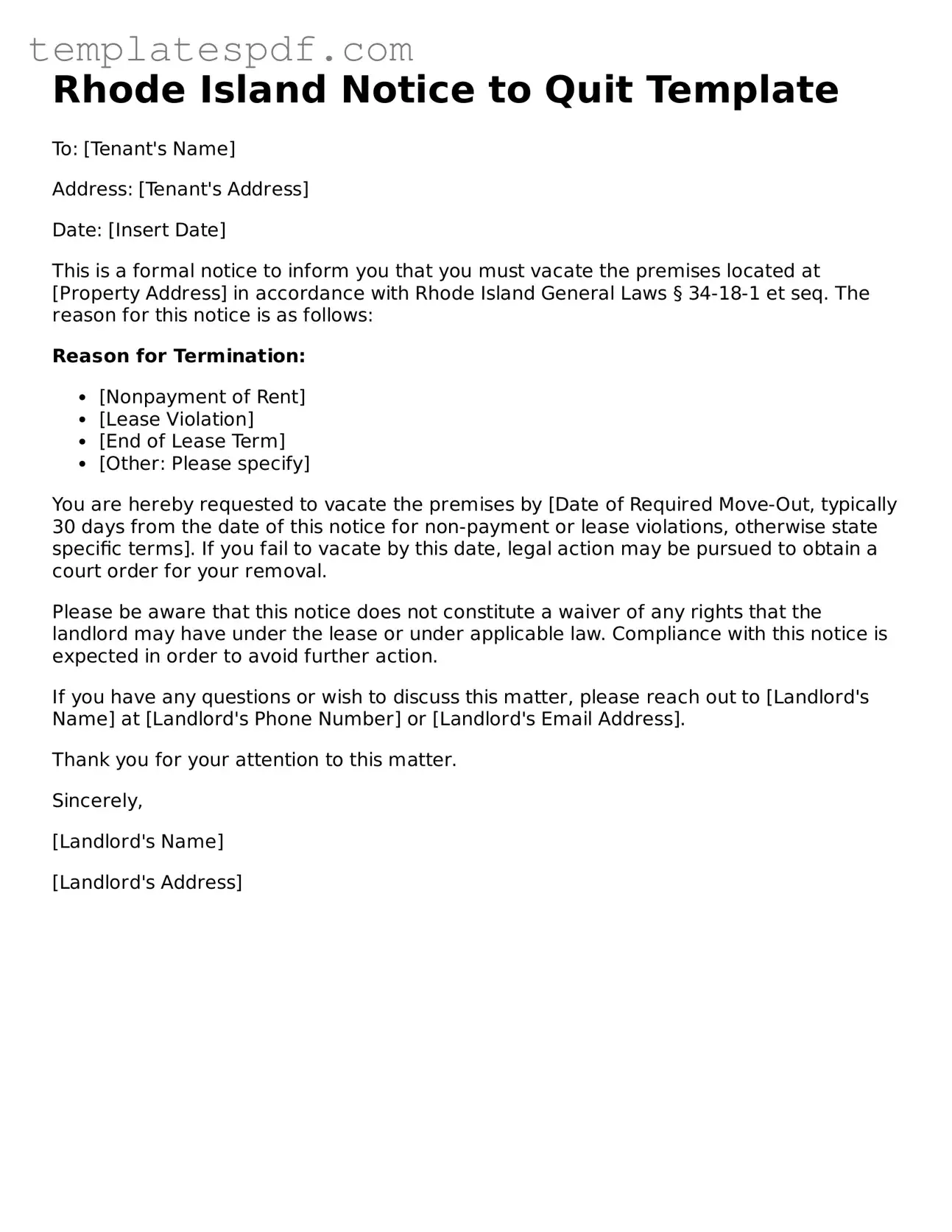 Official  Notice to Quit Form for Rhode Island