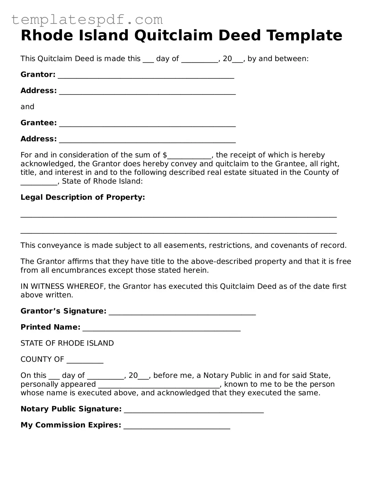 Official  Quitclaim Deed Form for Rhode Island