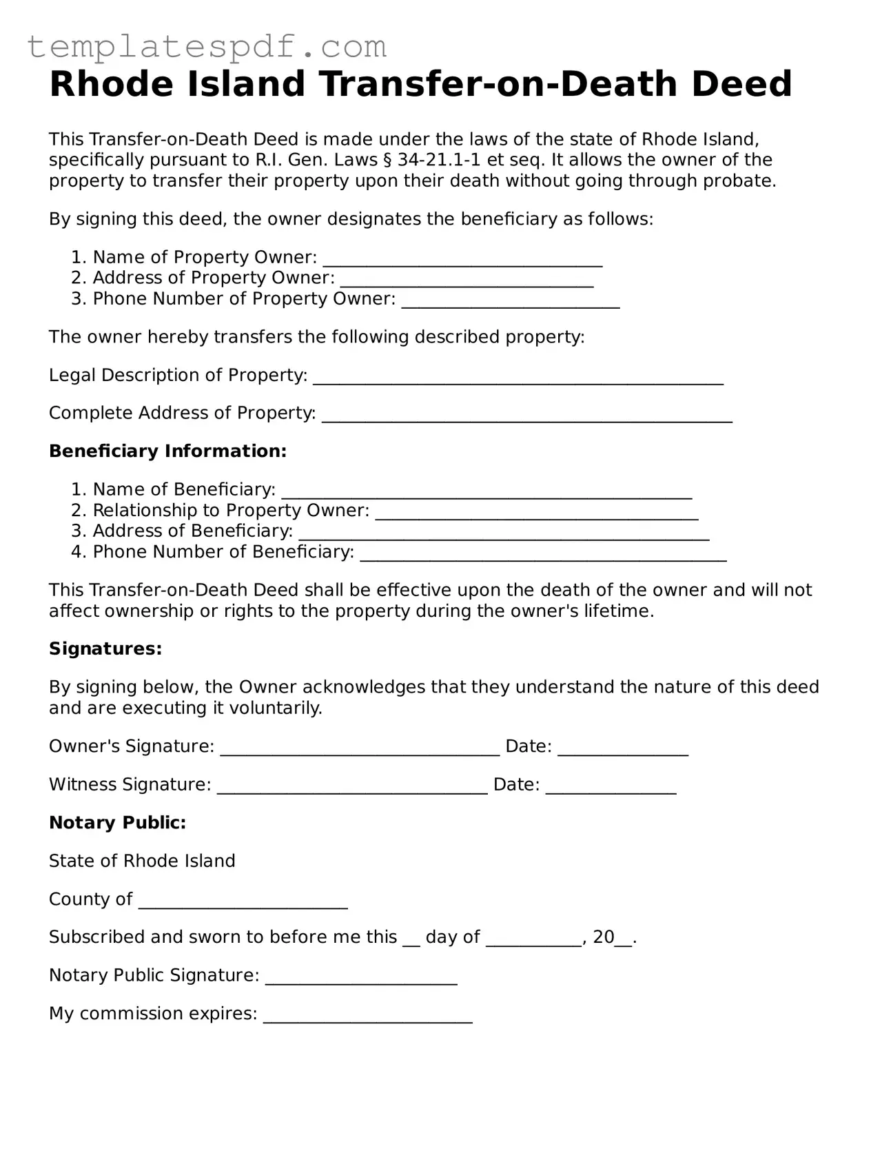 Official  Transfer-on-Death Deed Form for Rhode Island