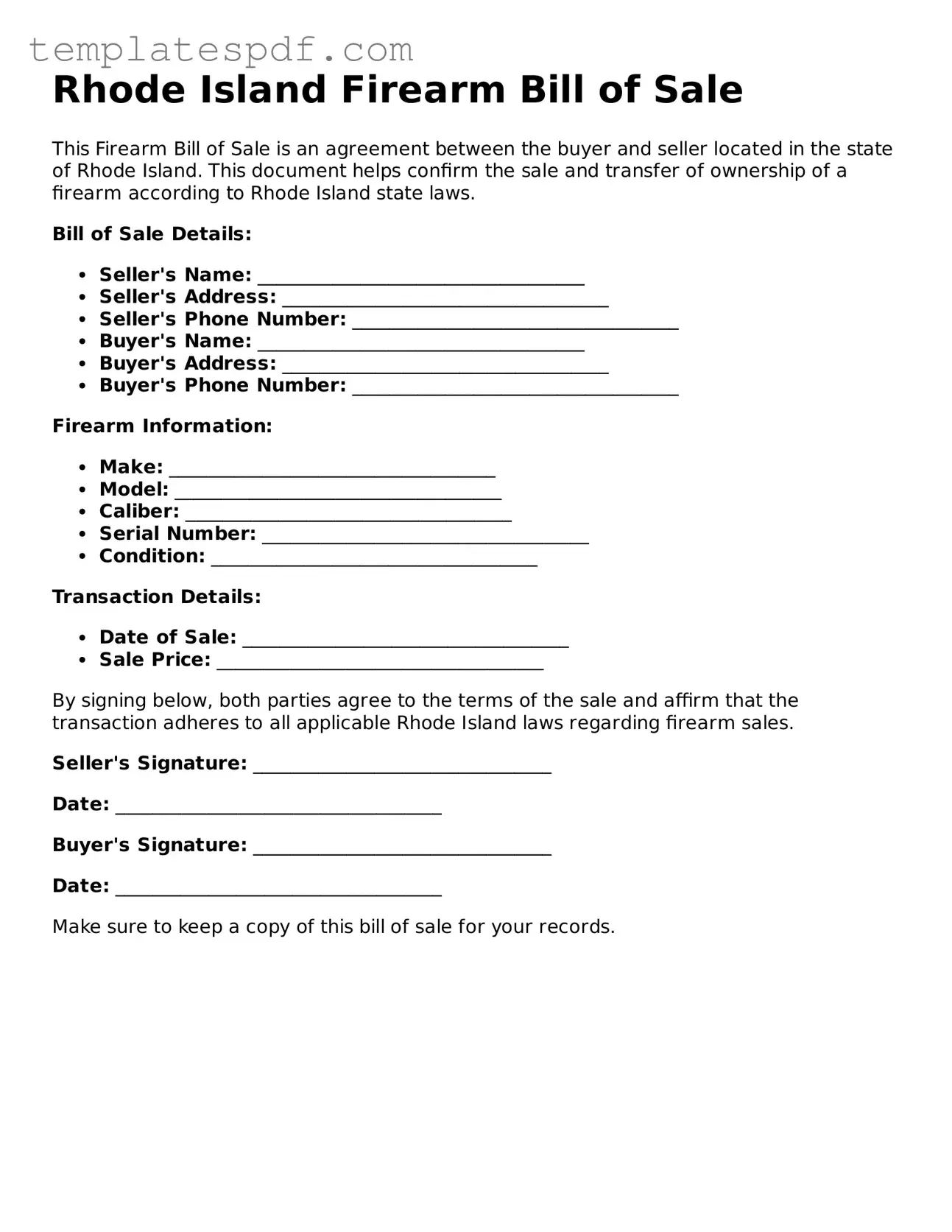 Official  Firearm Bill of Sale Form for Rhode Island
